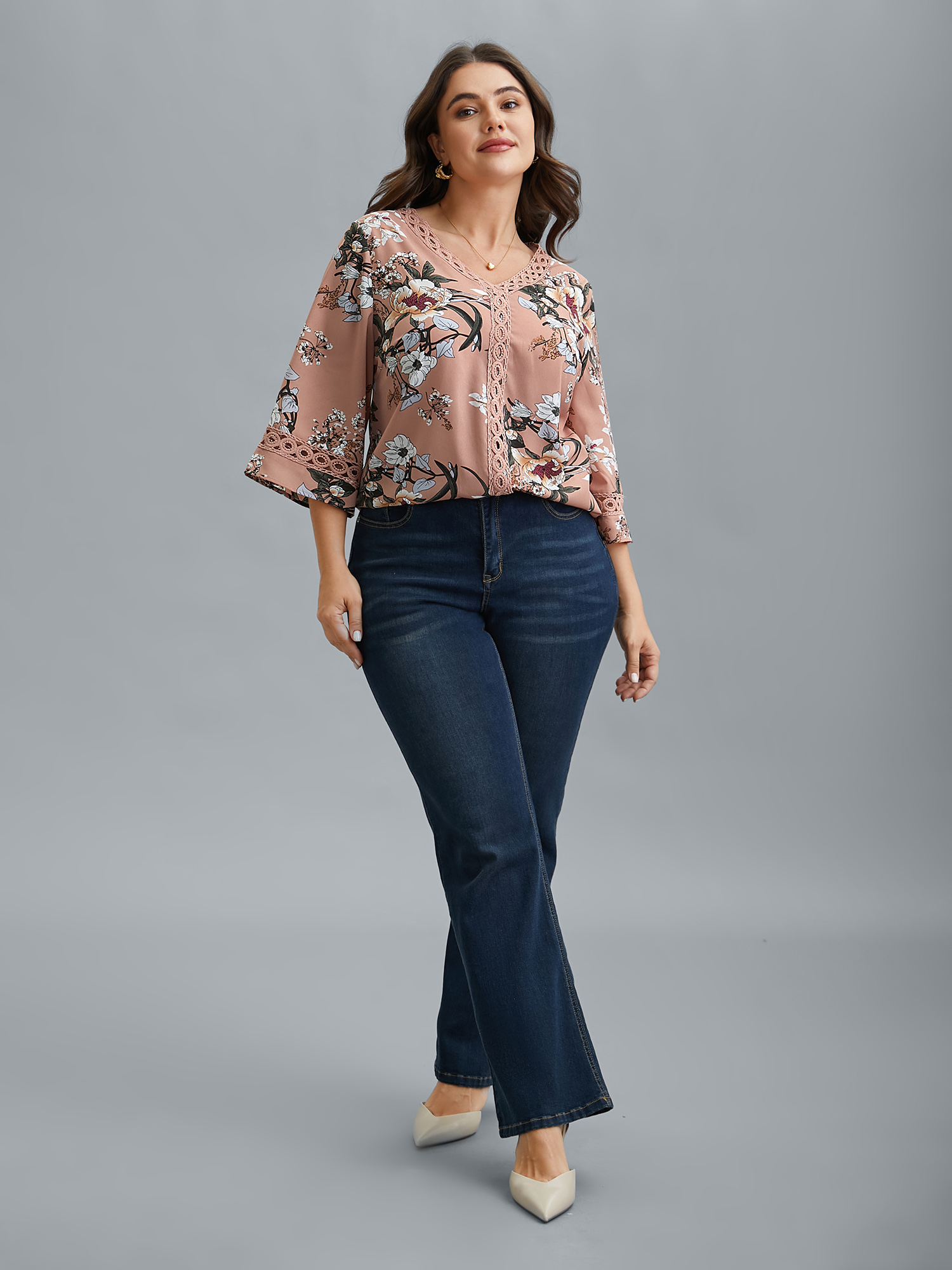Plus Size Dirtypink Blooming Flower Print Webbing Spliced Blouse Women Elegant Elbow-length sleeve V-neck Everyday Blouses BloomChic 22-24/3X 