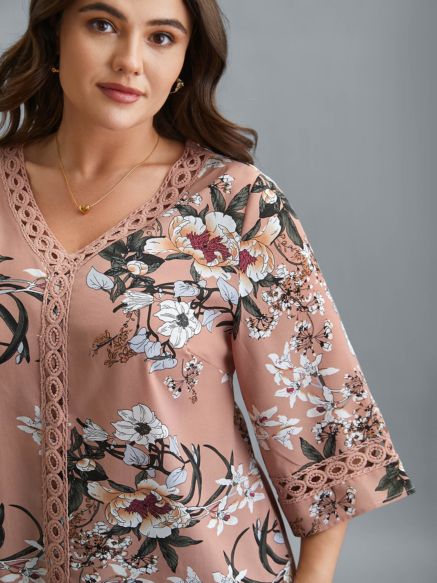 Plus Size Dirtypink Blooming Flower Print Webbing Spliced Blouse Women Elegant Elbow-length sleeve V-neck Everyday Blouses BloomChic 22-24/3X 