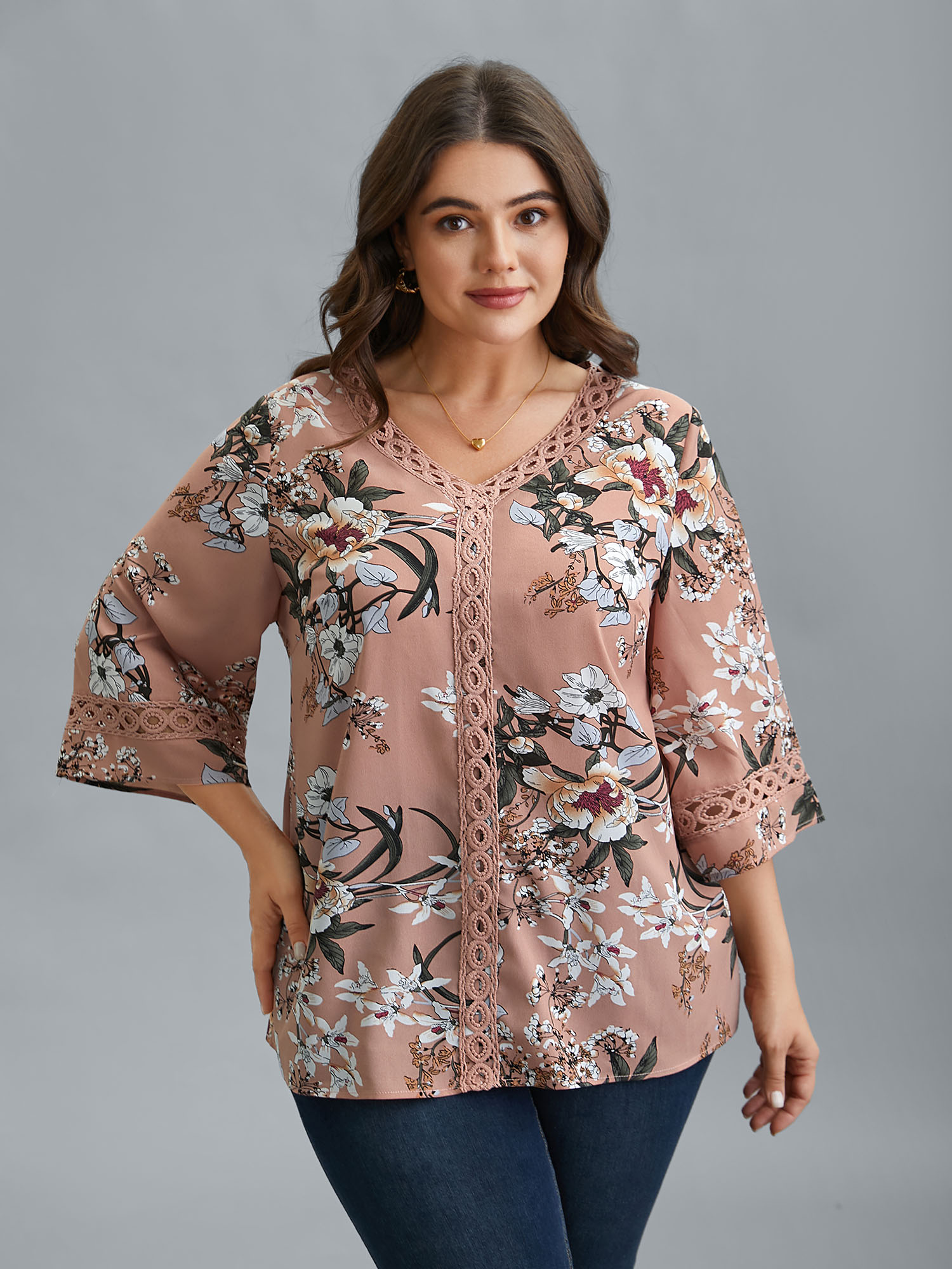 Plus Size Dirtypink Blooming Flower Print Webbing Spliced Blouse Women Elegant Elbow-length sleeve V-neck Everyday Blouses BloomChic 22-24/3X 