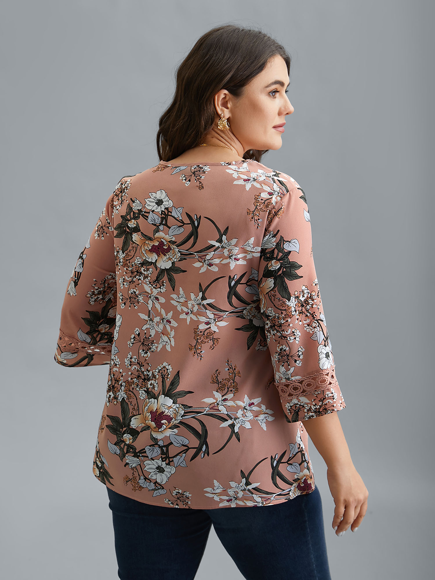 Plus Size Dirtypink Blooming Flower Print Webbing Spliced Blouse Women Elegant Elbow-length sleeve V-neck Everyday Blouses BloomChic 22-24/3X 