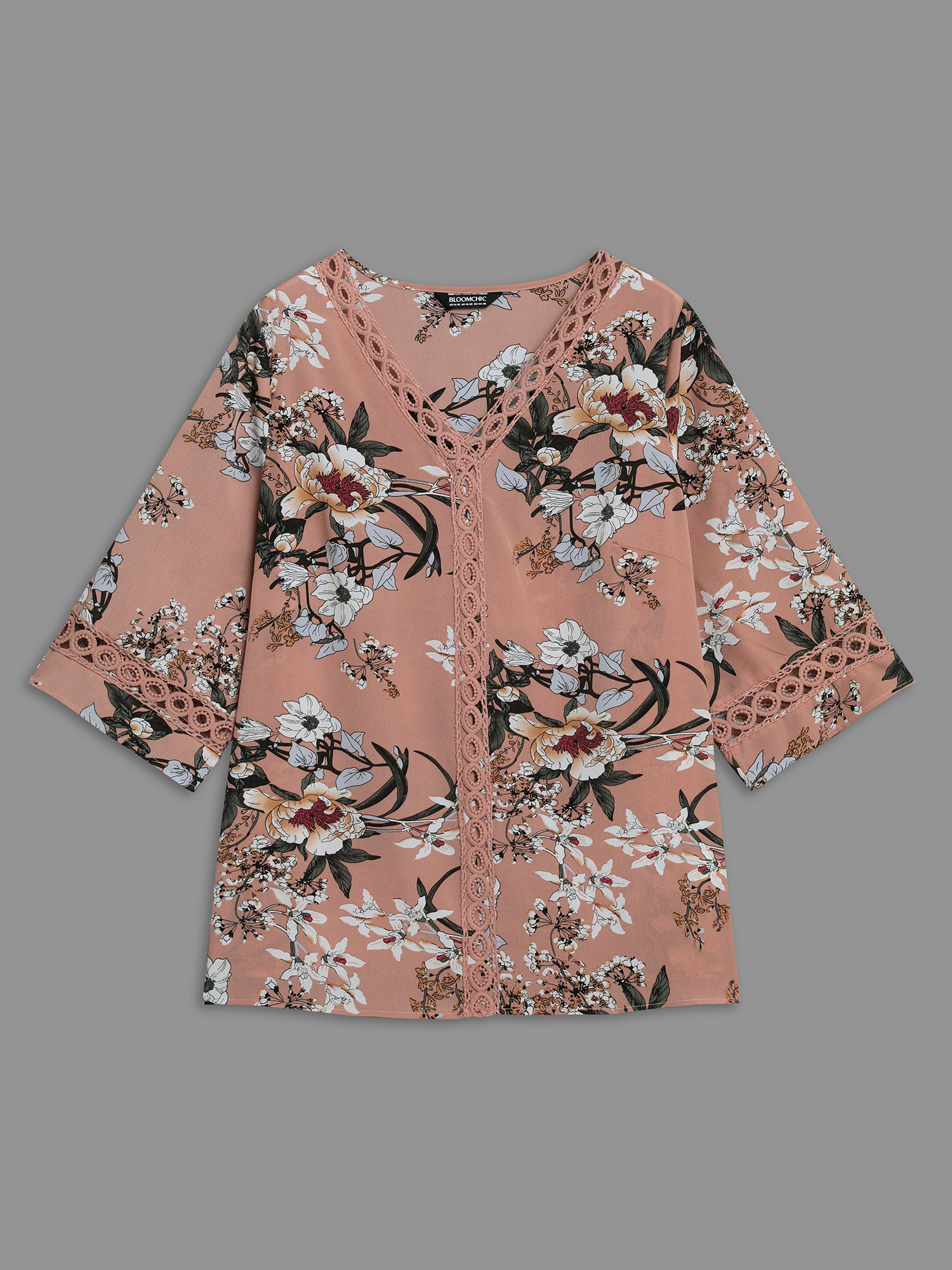 Plus Size Dirtypink Blooming Flower Print Webbing Spliced Blouse Women Elegant Elbow-length sleeve V-neck Everyday Blouses BloomChic 22-24/3X 