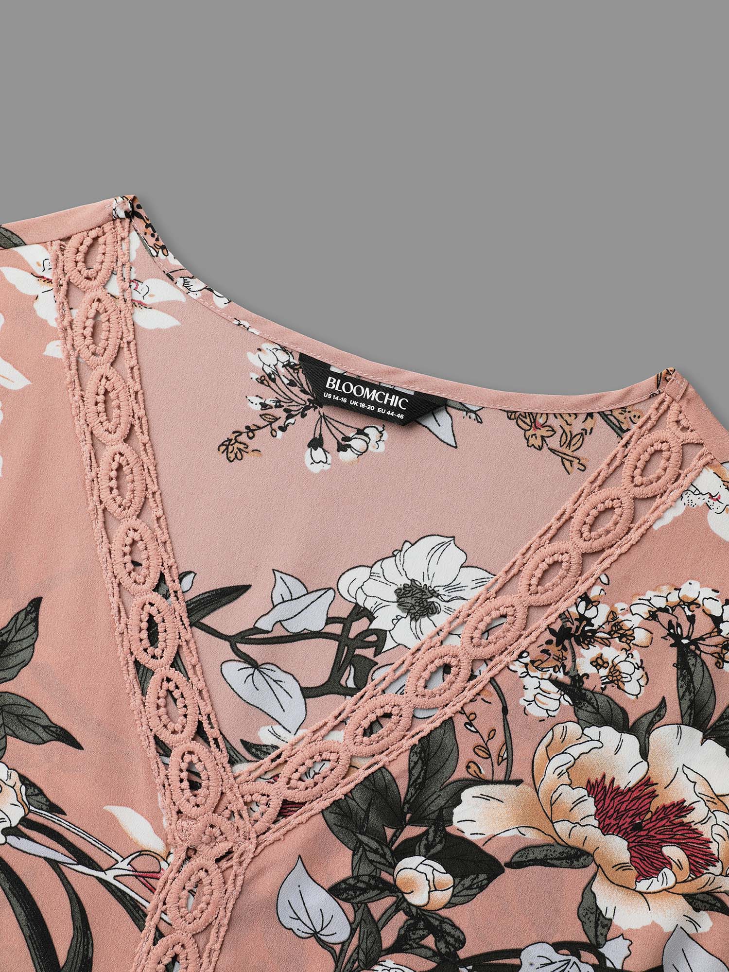 Plus Size Dirtypink Blooming Flower Print Webbing Spliced Blouse Women Elegant Elbow-length sleeve V-neck Everyday Blouses BloomChic 22-24/3X 