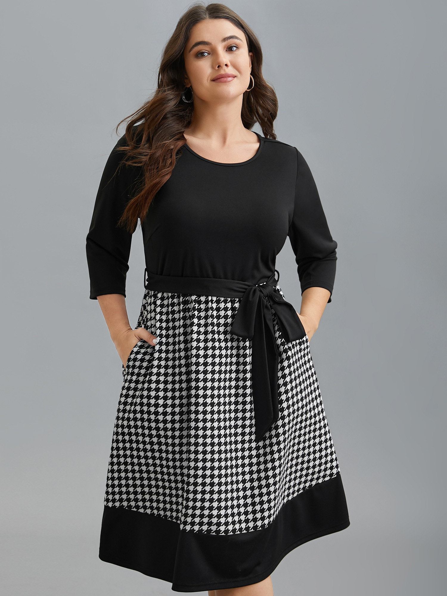 

Plus Size Color-Block Belted Fit & Flare Midi Dress Black Women Casual Belted Knit Dresses Bloomchic