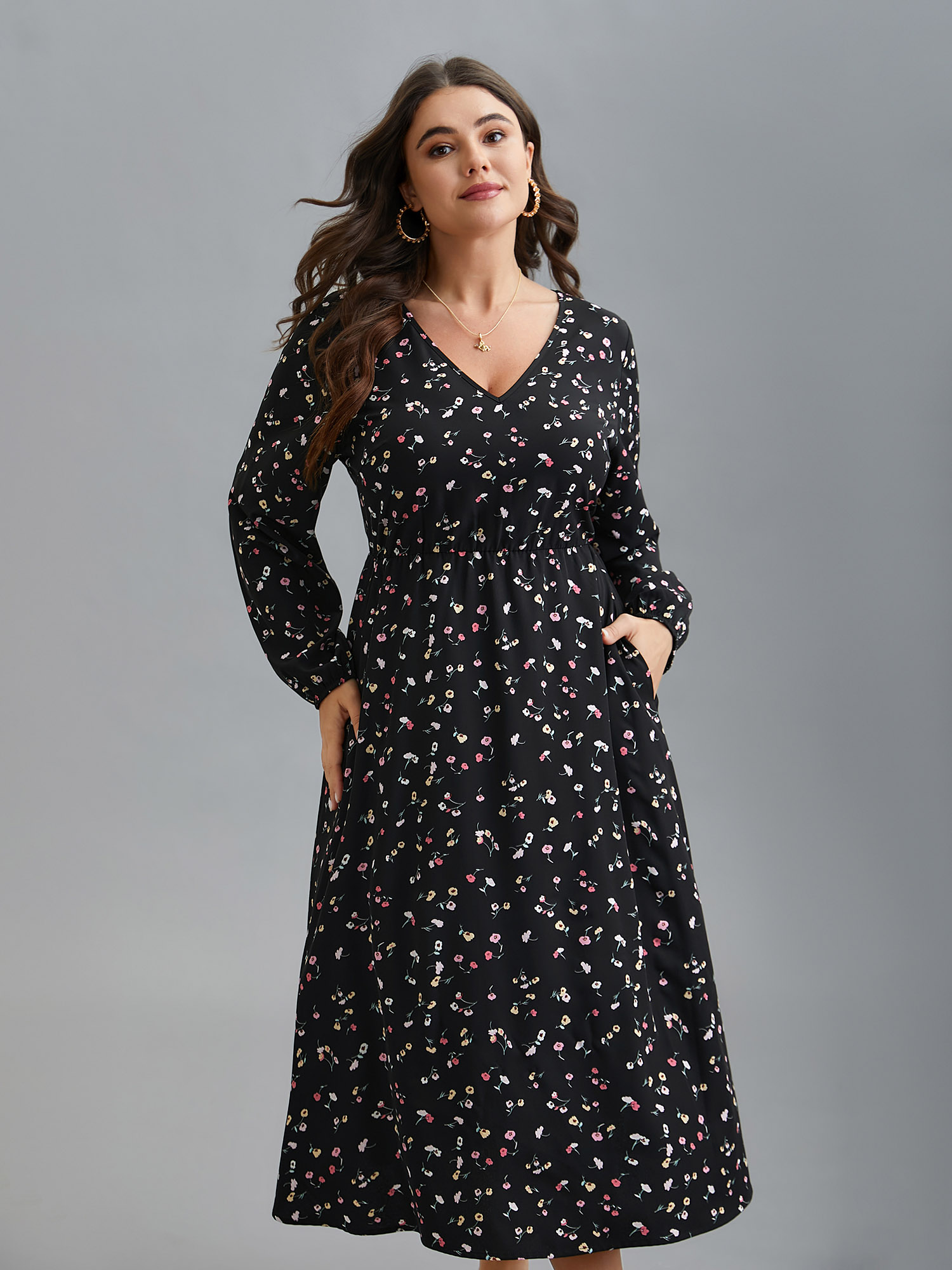 

Plus Size Floral Print V-Neck Waist-Defined Midi Dress BlackFlower Women Elegant Non V-neck Long Sleeve Curvy BloomChic 22-24/2X