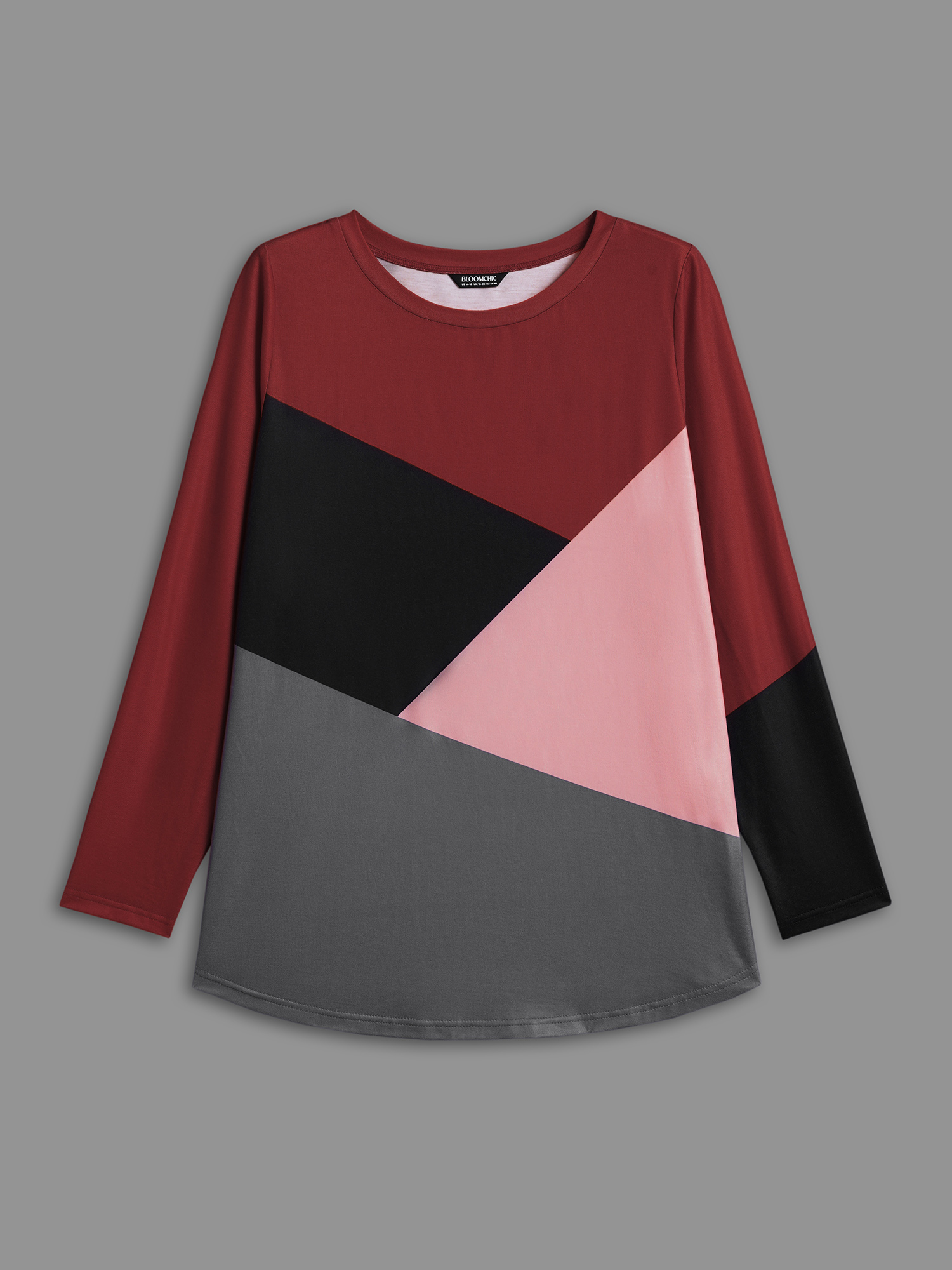 

Plus Size Geometric Color Block Curved Hem Top Multicolor Round Neck Extra Long Sleeve Casual Jersey Tops