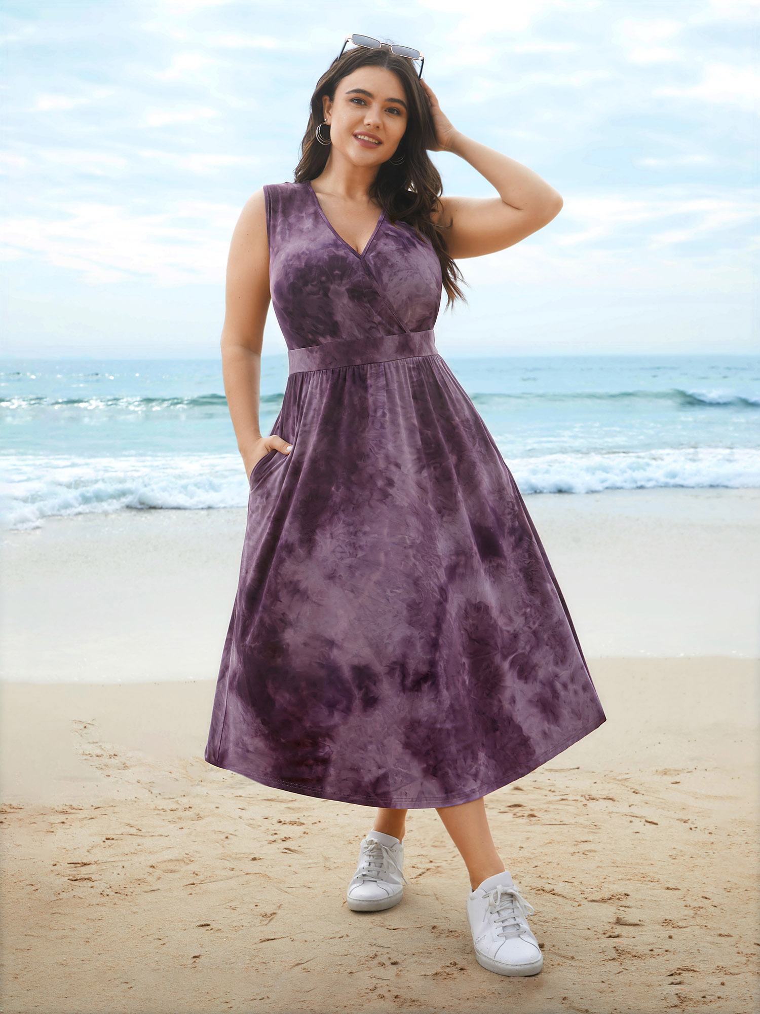 

Plus Size Tie-Dye Surplice Neck Curved Hem Midi Dress Eggplant Women Casual Non Knit Dresses Bloomchic