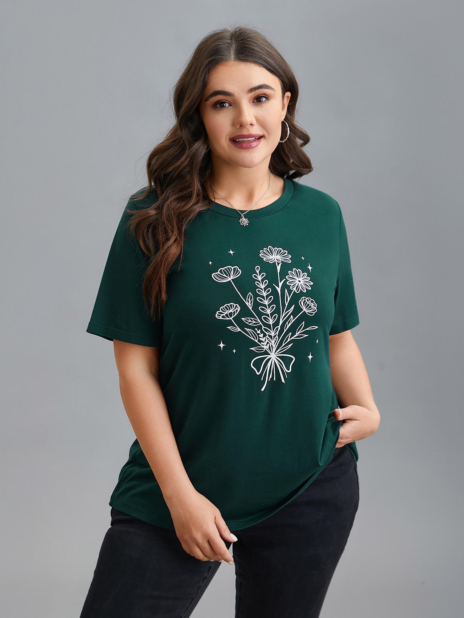 

Plus Size Floral Motif Round Neck Fitted T-Shirt DarkGreen Women Casual Non Natural Flowers Round Neck Everyday T-shirts BloomChic 14/M