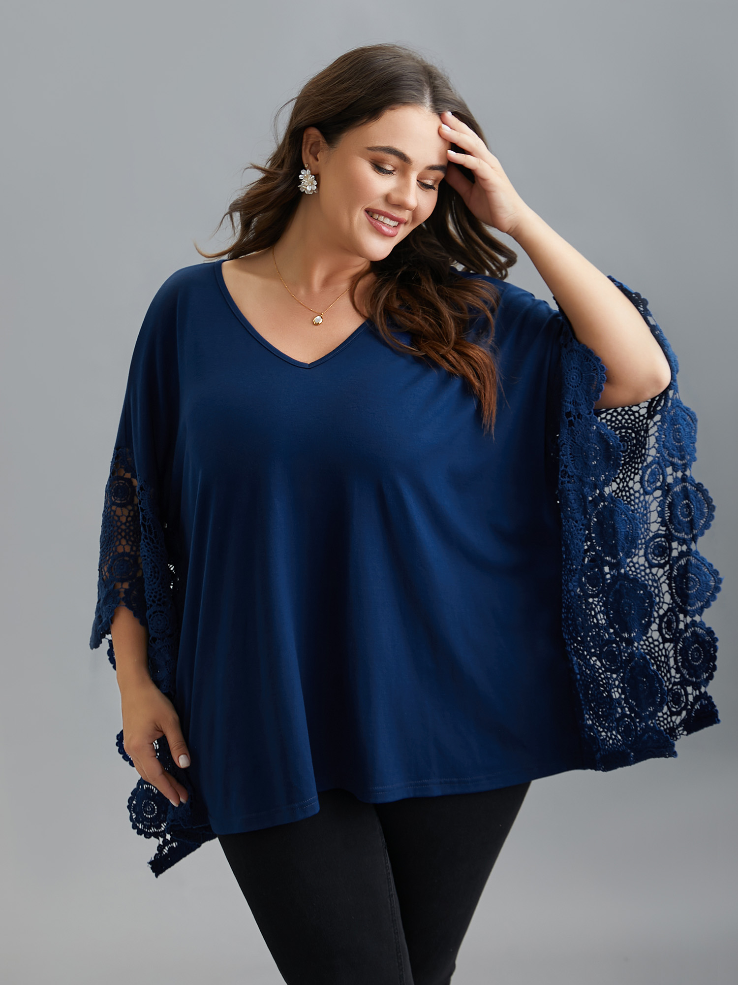 

Plus Size V-Neck Crochet Lace Batwing Sleeve T-Shirt Indigo Women Elegant Patchwork V-neck Loose Everyday T-shirts BloomChic