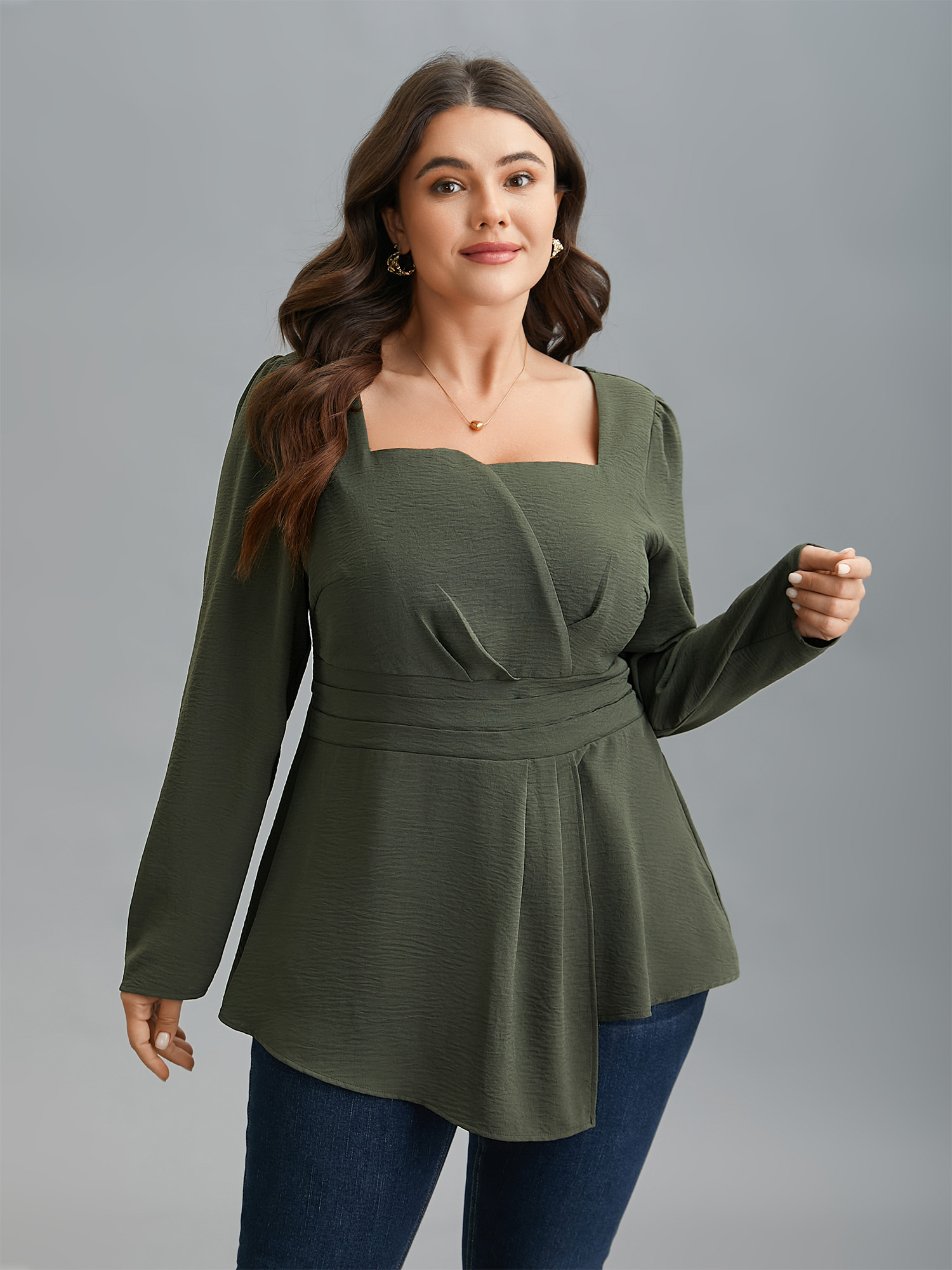 

Plus Size ArmyGreen Asymmetrical Neckline Stretchy Waist Plicated Detail Blouse Women Elegant Extra Long Sleeve Asymmetrical Neck Everyday Blouses BloomChic 30/4X