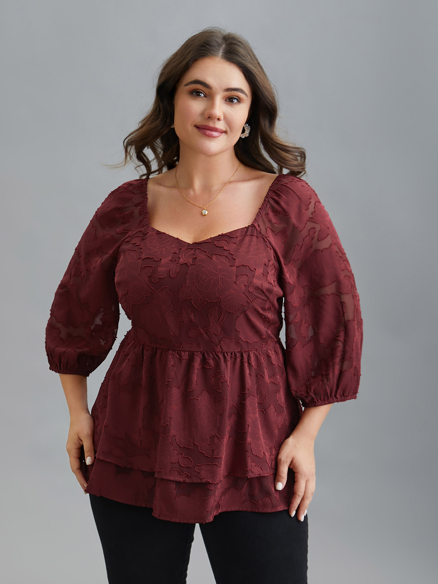 

Plus Size Burgundy Sweetheart Neckline Jacquard Layered Blouse Women Elegant Elbow-length sleeve Heart neckline Everyday Blouses BloomChic