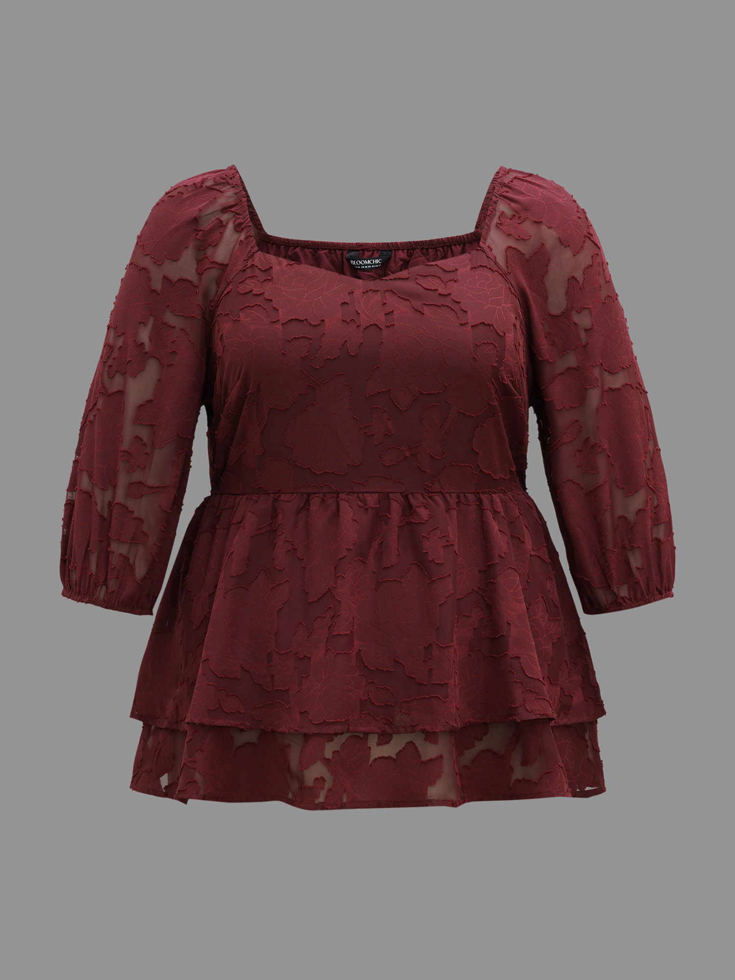 

Plus Size Burgundy Sweetheart Neckline Jacquard Layered Blouse Women Elegant Elbow-length sleeve Heart neckline Everyday Blouses BloomChic