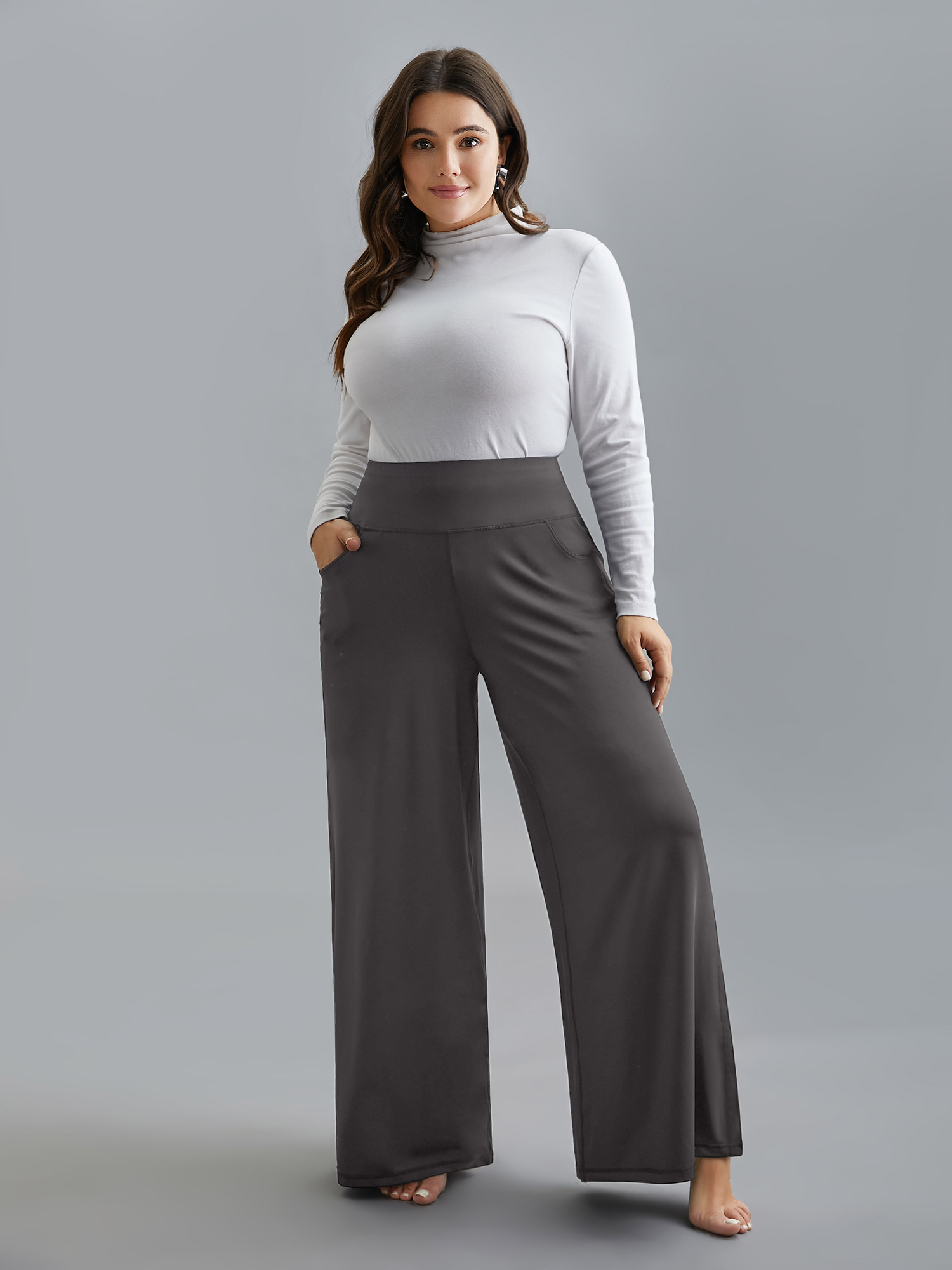 

Plus Size Plain Super Stretchy Pocket Pants Women DarkGray Casual Mid Rise Everyday Pants BloomChic