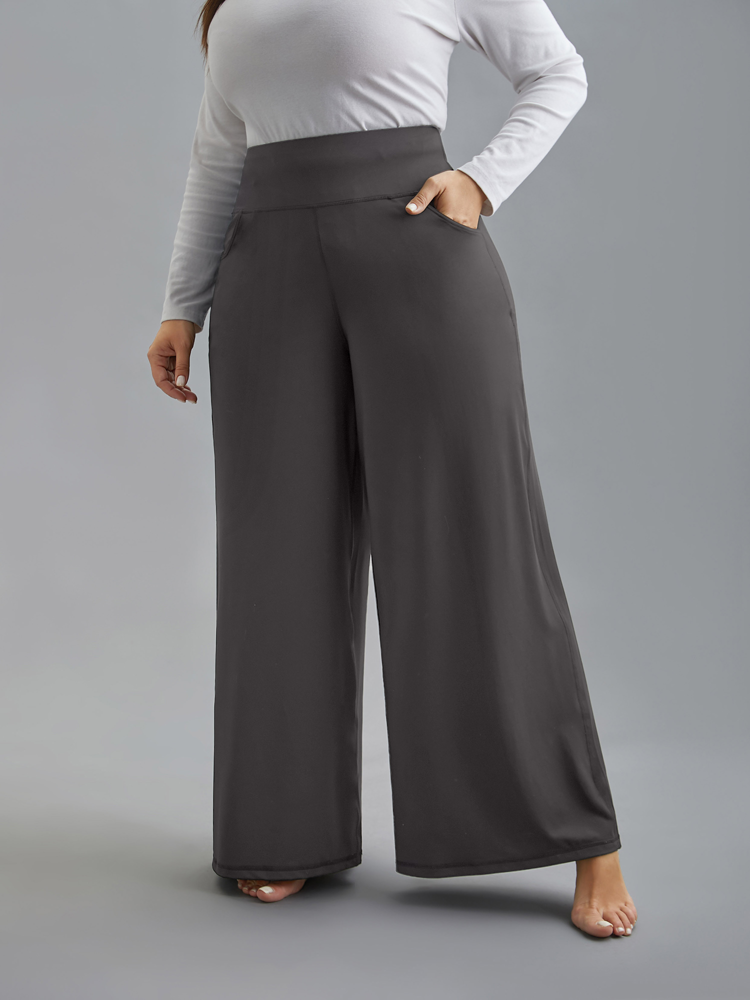 

Plus Size Super Stretchy Wide-Leg Casual Pocket Pants Women DarkGray Casual Mid Rise Everyday Pants BloomChic