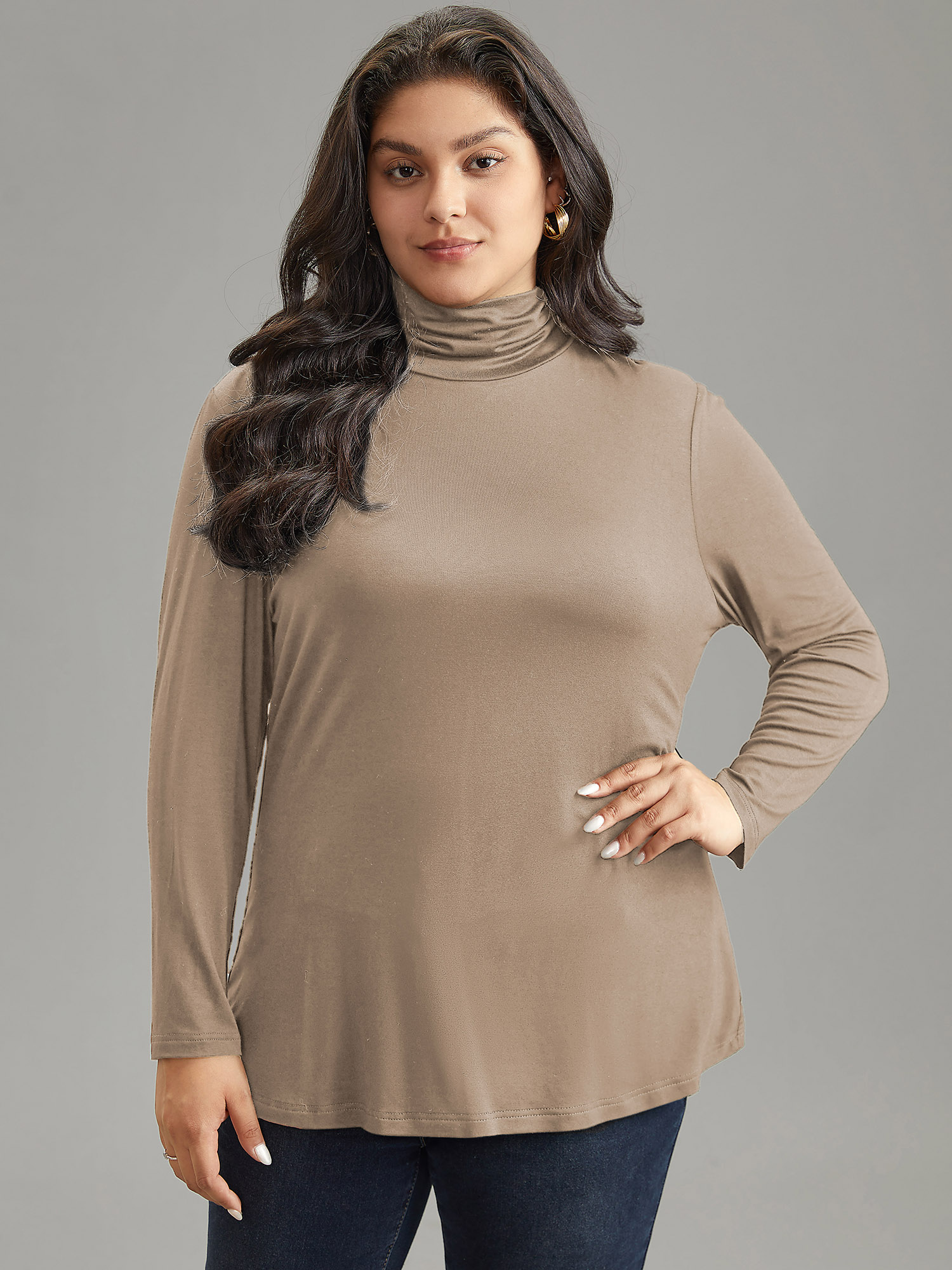 

Plus Size Supersoft Essentials Solid Funnel Neck Knit T-shirt LightBrown Women Elegant Plain Plain Ruffled collar Bodycon Dailywear T-shirts BloomChic