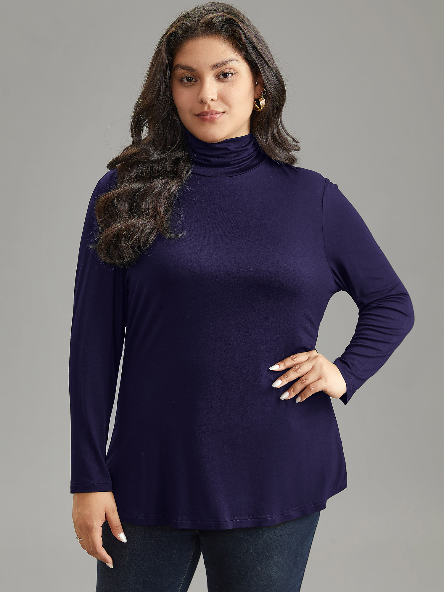 

Plus Size Supersoft Essentials Solid Funnel Neck Knit T-shirt Indigo Women Elegant Plain Plain Ruffled collar Bodycon Dailywear T-shirts BloomChic