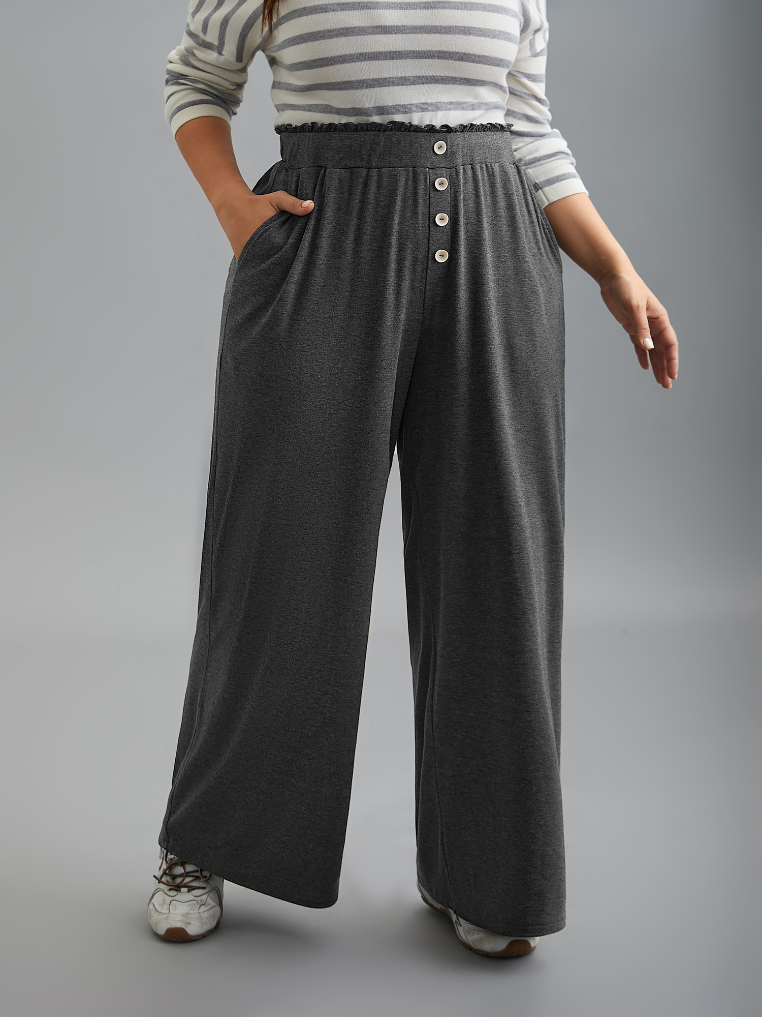 

Plus Size Button-Front Ruffled Waist Stretchy Pants Women DimGray Casual Wide Leg Mid Rise Everyday Pants BloomChic 32/5X