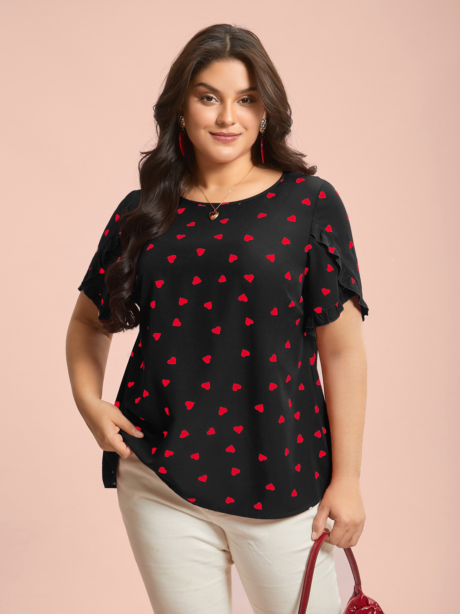 

Plus Size Black Ruffled Overlap Sleeve Heart Pattern Blouse Women Elegant Short sleeve Round Neck Everyday Blouses BloomChic