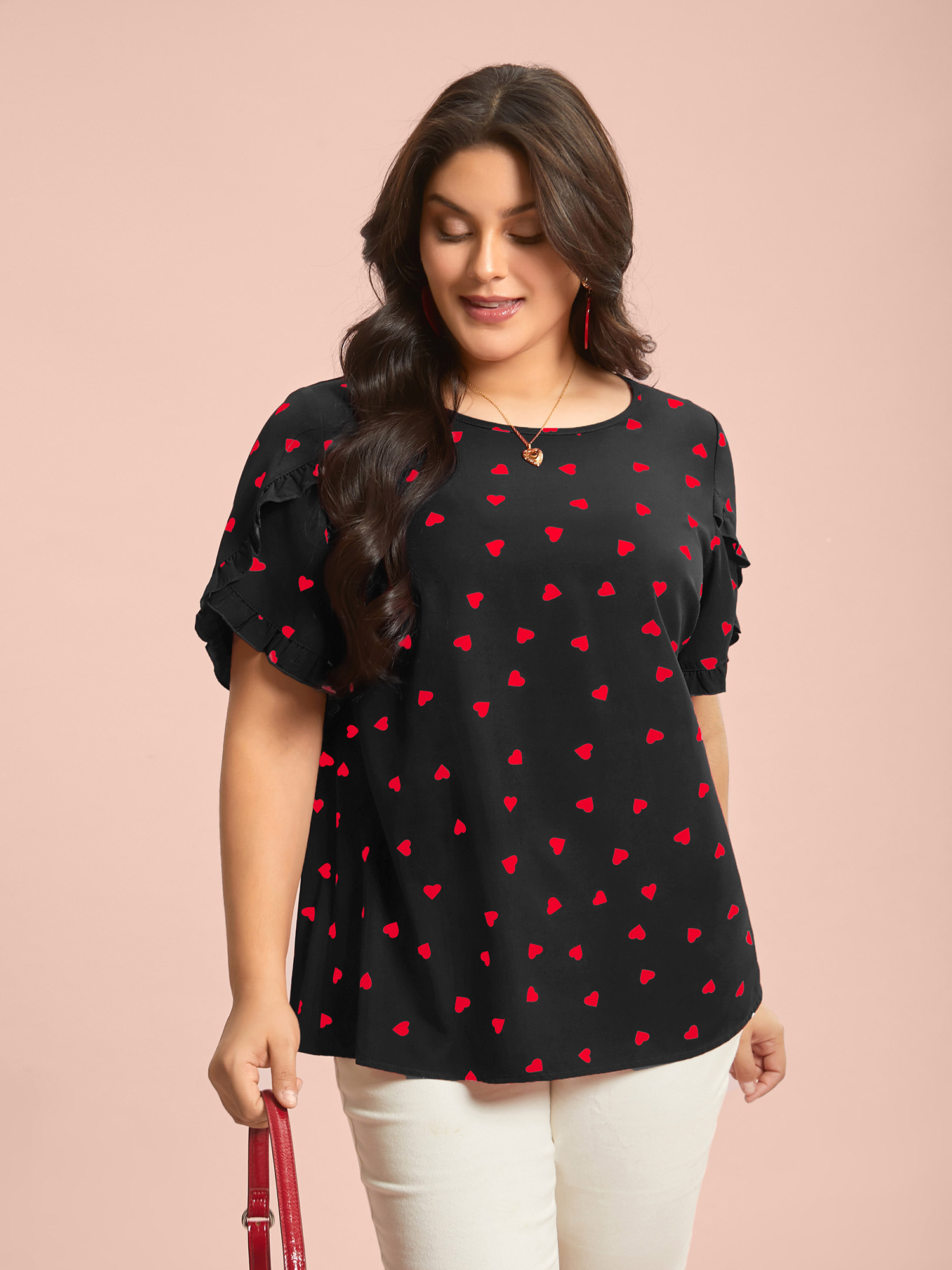 Plus Size Black Ruffled Overlap Sleeve Heart Pattern Blouse Women Elegant Short sleeve Round Neck Everyday Blouses BloomChic 10/M 