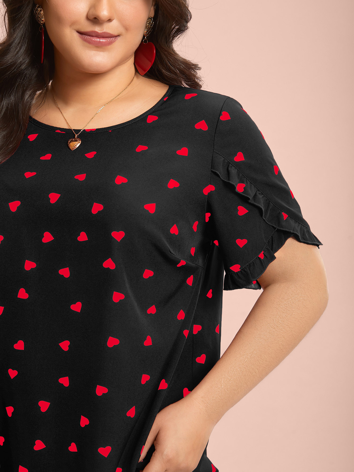 Plus Size Black Ruffled Overlap Sleeve Heart Pattern Blouse Women Elegant Short sleeve Round Neck Everyday Blouses BloomChic 10/M 