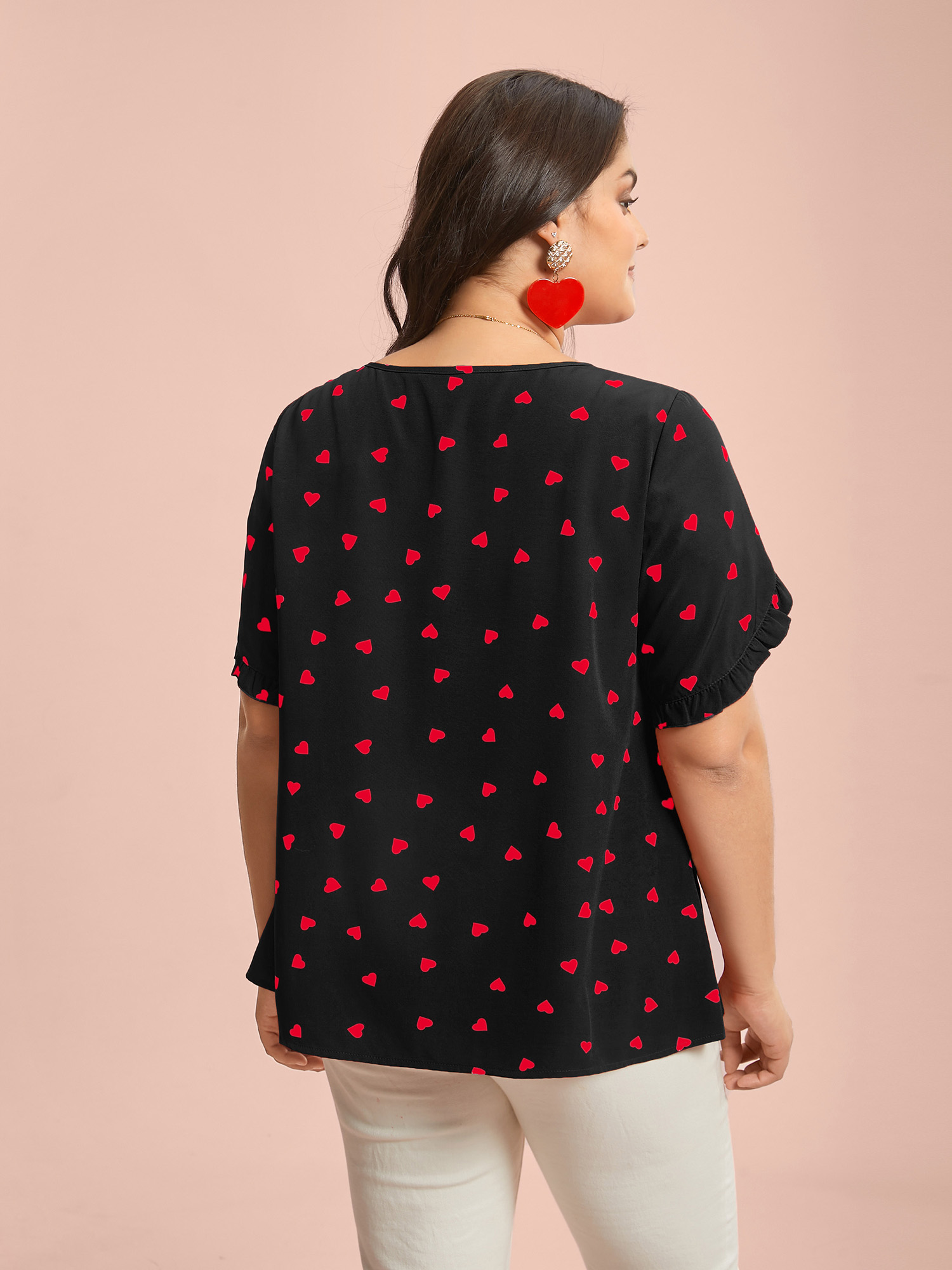 

Plus Size Black Ruffled Overlap Sleeve Heart Pattern Blouse Women Elegant Short sleeve Round Neck Everyday Blouses BloomChic