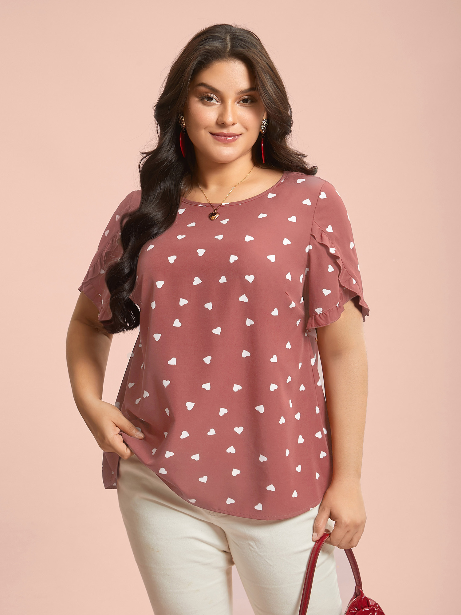 

Plus Size Rouge Ruffled Overlap Sleeve Heart Pattern Blouse Women Elegant Short sleeve Round Neck Everyday Blouses BloomChic