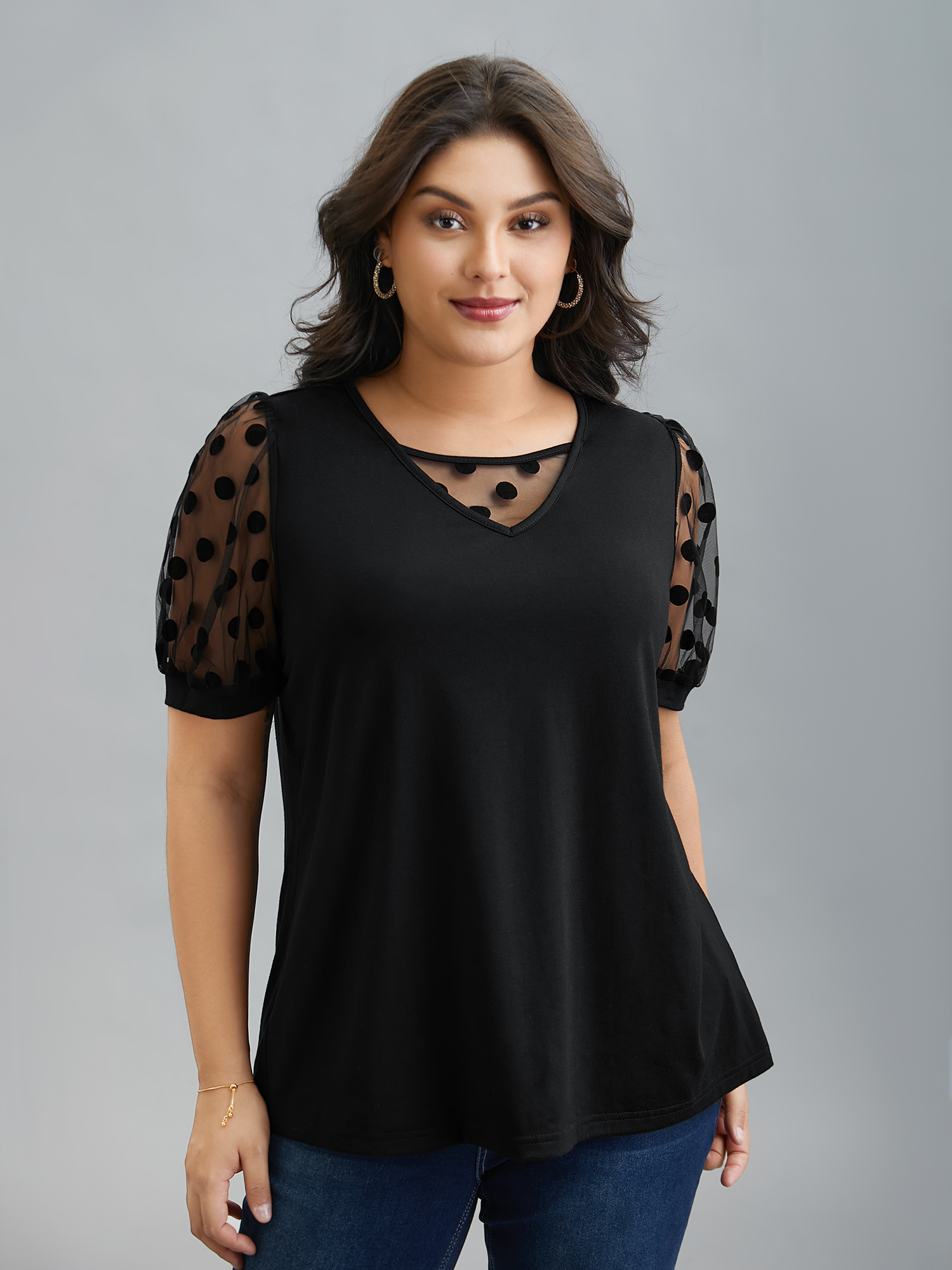 

Plus Size Sheer Sleeves Textured Polka Dots Stretchy Top Black Round Neck Short sleeve Elegant Jersey Tops 30/4X