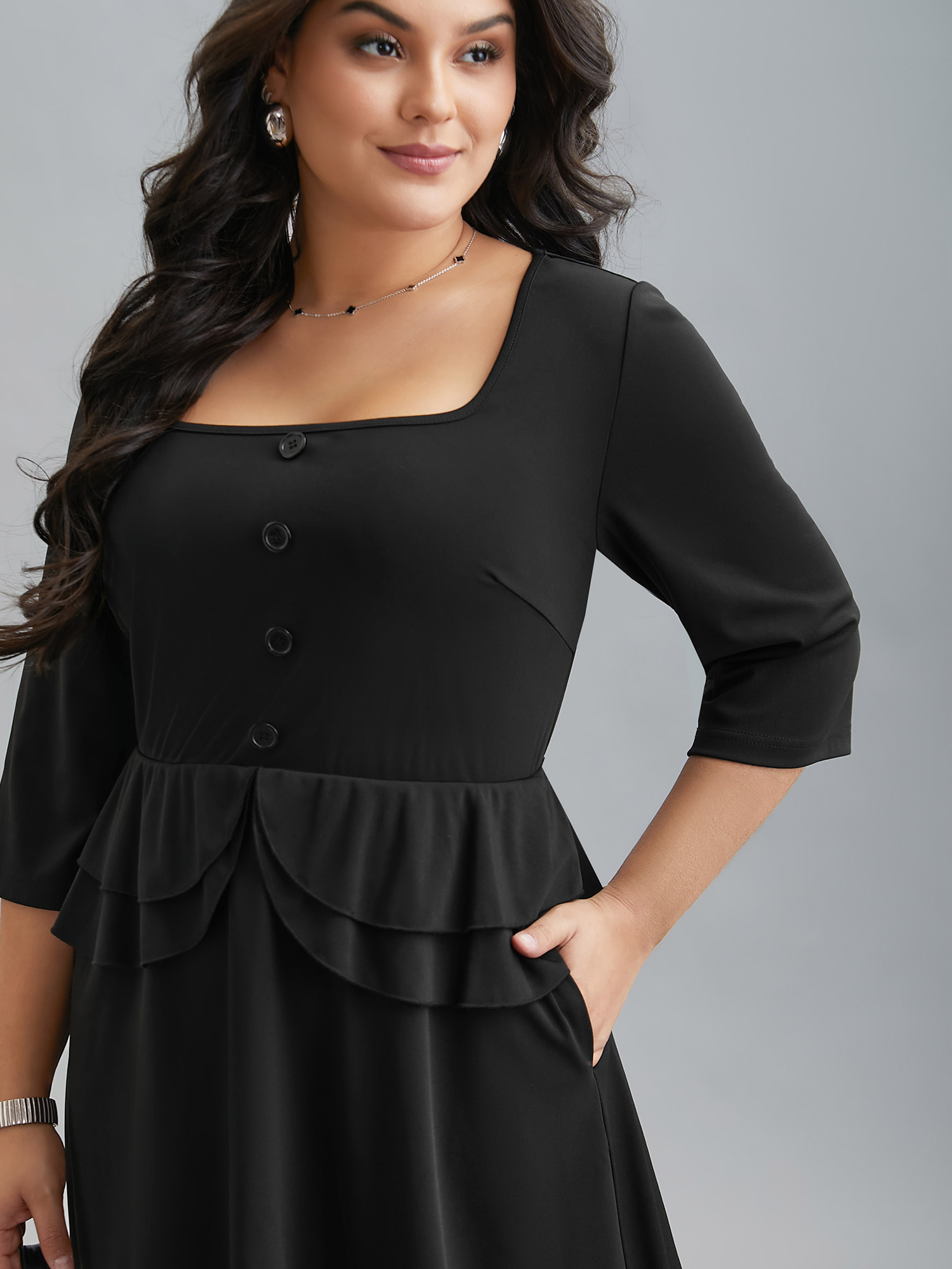 

Plus Size Ruffle Trim Button Front Midi Dress Black Women At the Office Button Square Neck Elbow-length sleeve Curvy BloomChic 14/M