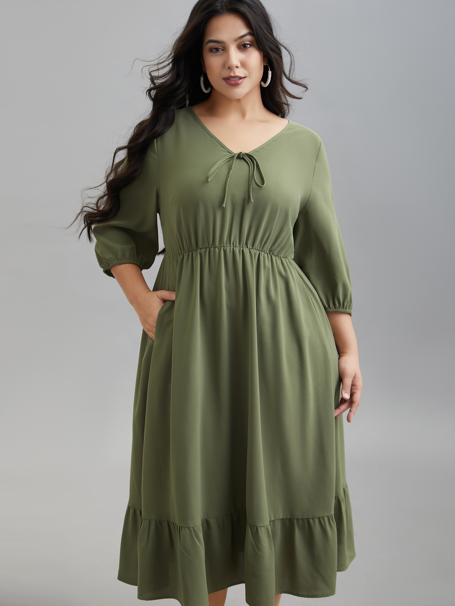 

Plus Size Lantern Sleeve V-Neck Tiered Midi Dress Sage Women Elegant Tie knot V-neck Elbow-length sleeve Curvy BloomChic 16/L