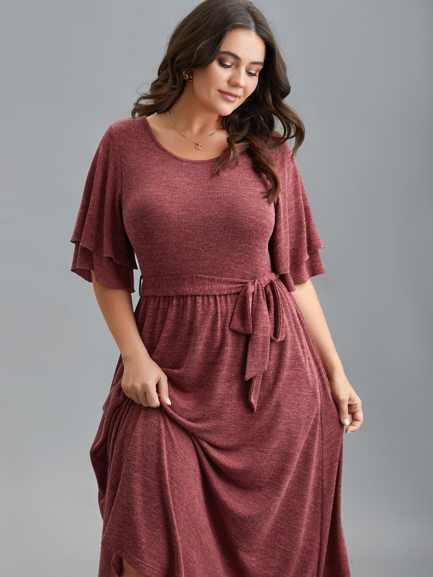 

Plus Size Layered Lotus Sleeve Belted Midi Knit Dress Scarlet Women Elegant Belted Knit Dresses Bloomchic