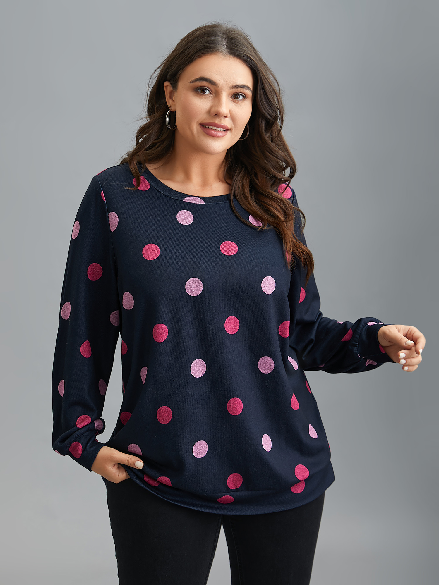 

Plus Size Polka Dots Round Neck Fitted Sweatshirt Women Midnight Casual Contrast Round Neck Everyday Sweatshirts BloomChic 14/M