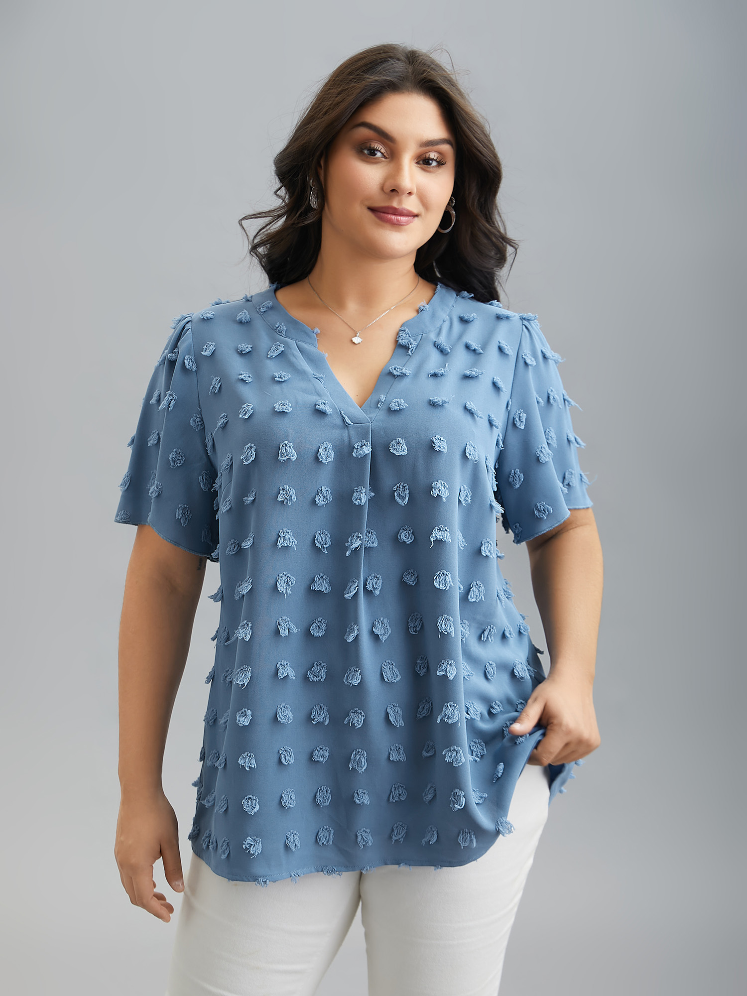 

Plus Size Cerulean Textured Notched Collar Plicated Detail Blouse Women Elegant Short sleeve Flat collar with V-notch Everyday Blouses BloomChic