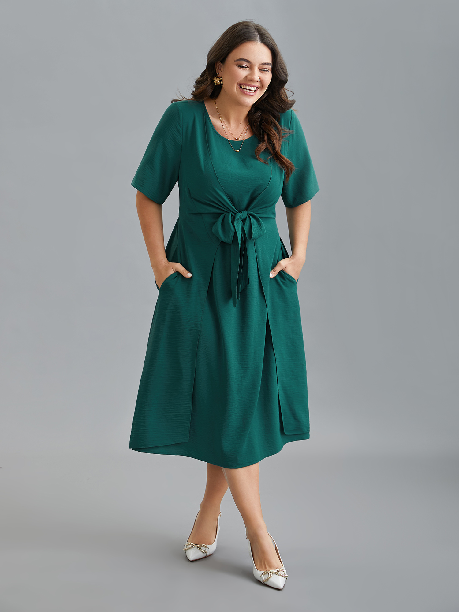 

Plus Size 2-in-1 Waist-Tie Pockets Fit & Flare Dress Emerald Women Elegant Overlapping Round Neck Short sleeve Curvy BloomChic