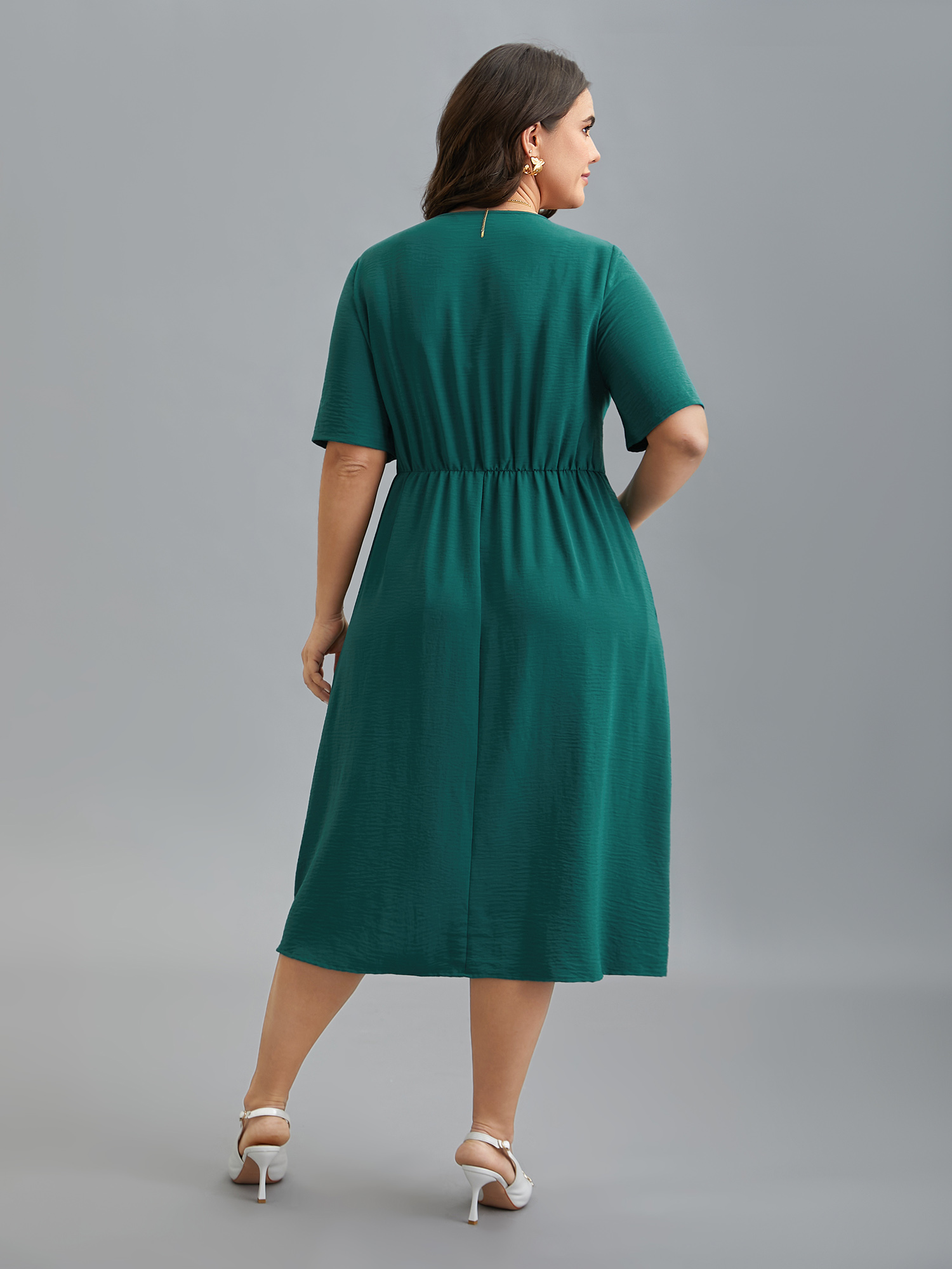 

Plus Size 2-in-1 Waist-Tie Pockets Fit & Flare Dress Emerald Women Elegant Overlapping Round Neck Short sleeve Curvy BloomChic