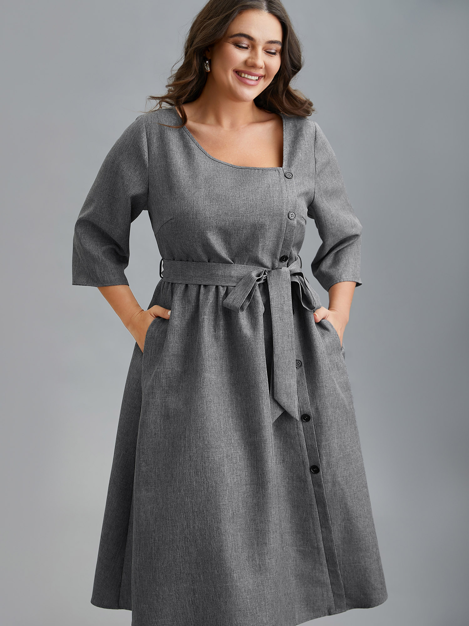 

Plus Size Asymmetrical Neckline Belted Pockets Midi Dress DarkGray Women At the Office Belted Asymmetrical Neck Elbow-length sleeve Curvy BloomChic 14/M