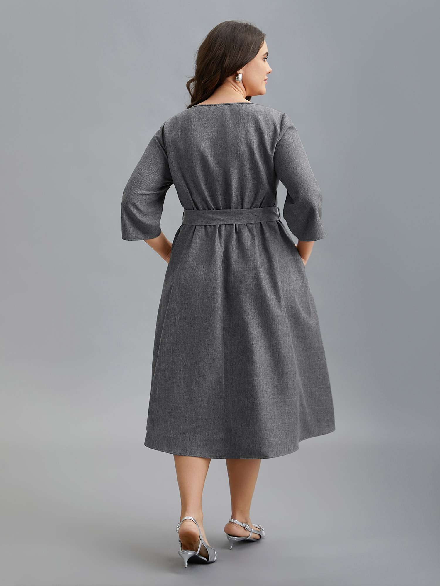 

Plus Size Asymmetrical Neckline Belted Pockets Midi Dress DarkGray Women At the Office Belted Asymmetrical Neck Elbow-length sleeve Curvy BloomChic