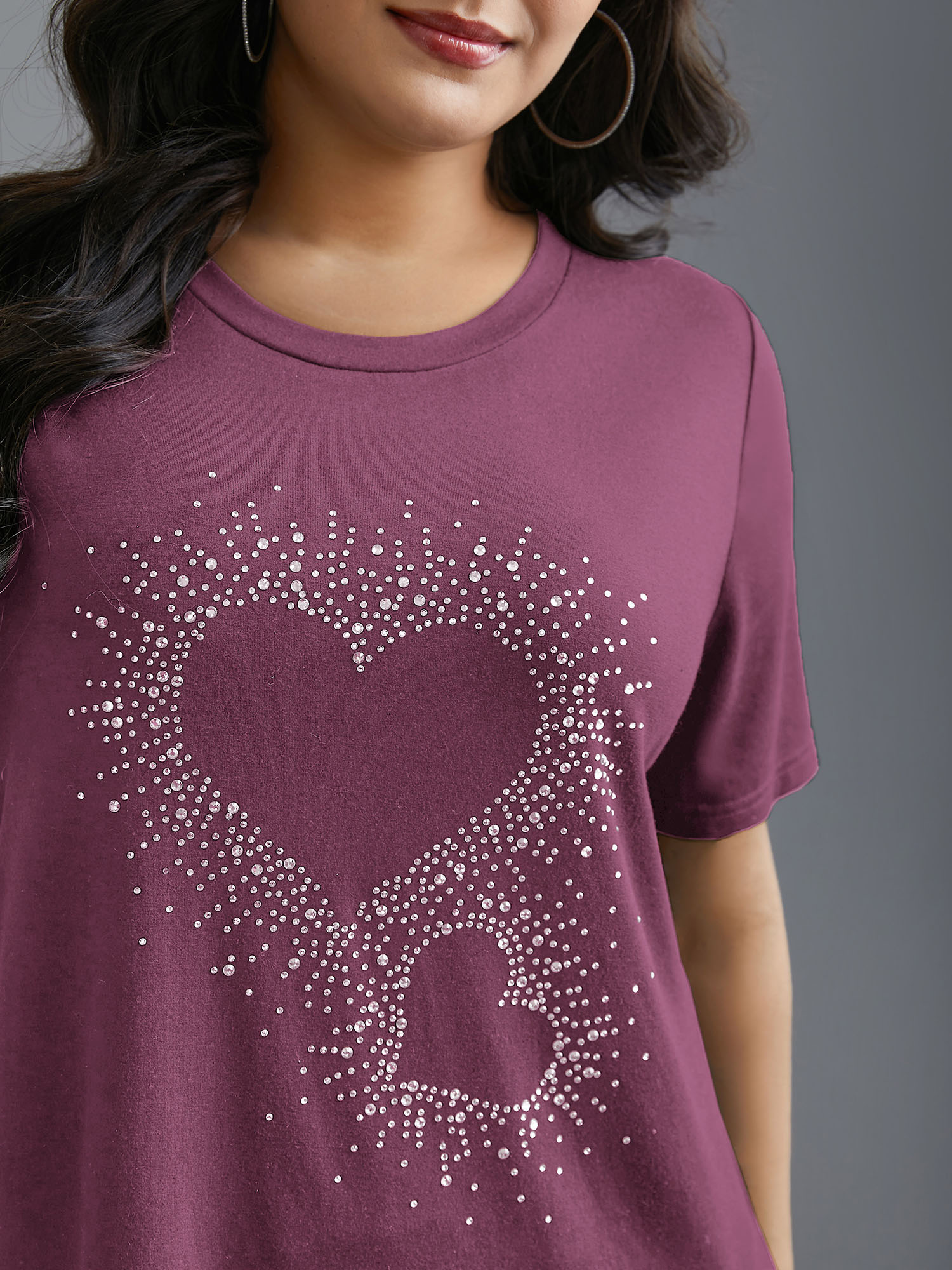 

Plus Size Crew Neck Rhinestone Heart T-Shirt Deeppurplered Women Casual Rhinestone detailing Round Neck Everyday T-shirts BloomChic