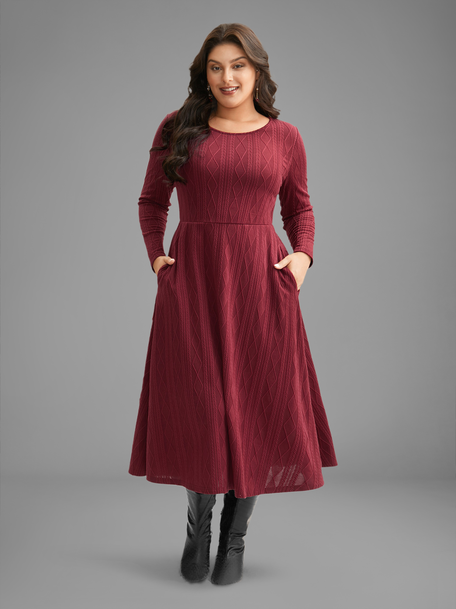 

Plus Size Textured Knit Fit-And-Flare Midi Dress Burgundy Women Casual Texture Round Neck Long Sleeve Curvy BloomChic