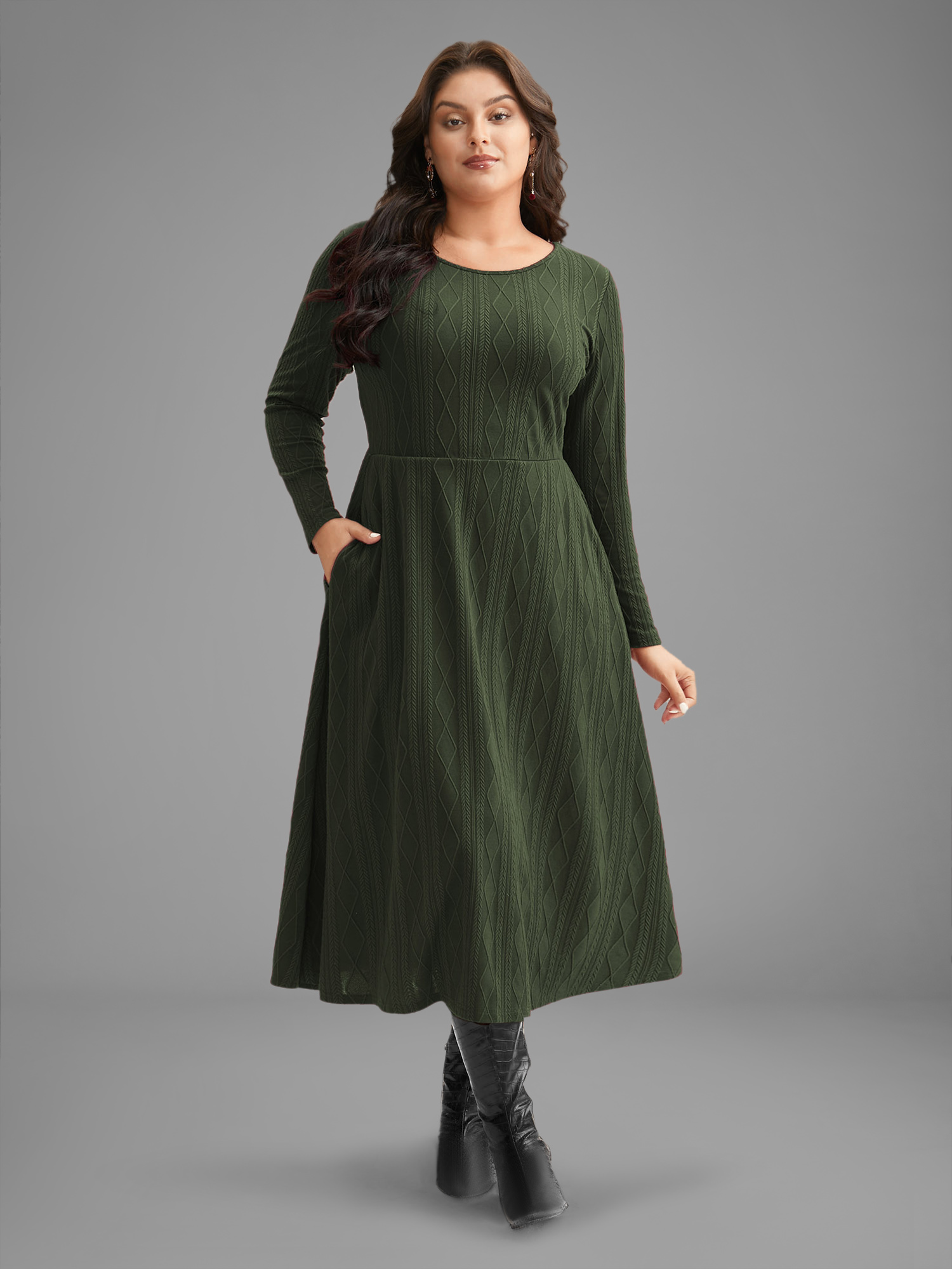 

Plus Size Textured Knit Fit-And-Flare Midi Dress ArmyGreen Women Casual Texture Round Neck Long Sleeve Curvy BloomChic