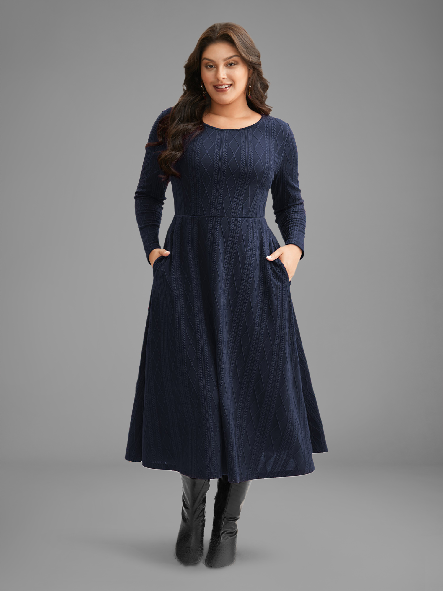 

Plus Size Textured Knit Fit-And-Flare Midi Dress Midnight Women Casual Texture Round Neck Long Sleeve Curvy BloomChic