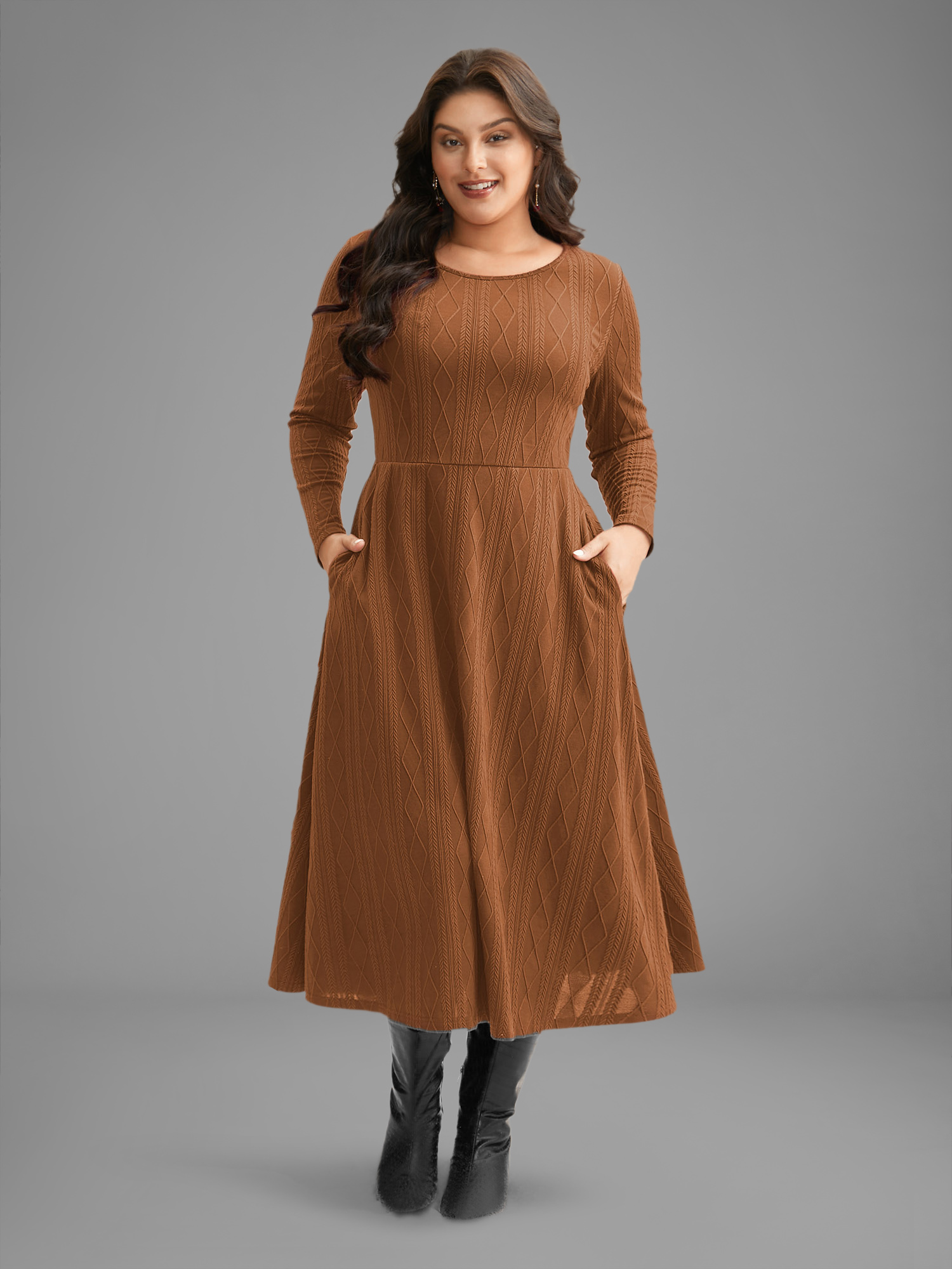 Plus Size Textured Knit Fit-And-Flare Midi Dress LightBrown Women Casual Texture Round Neck Long Sleeve Curvy BloomChic 30/6X 