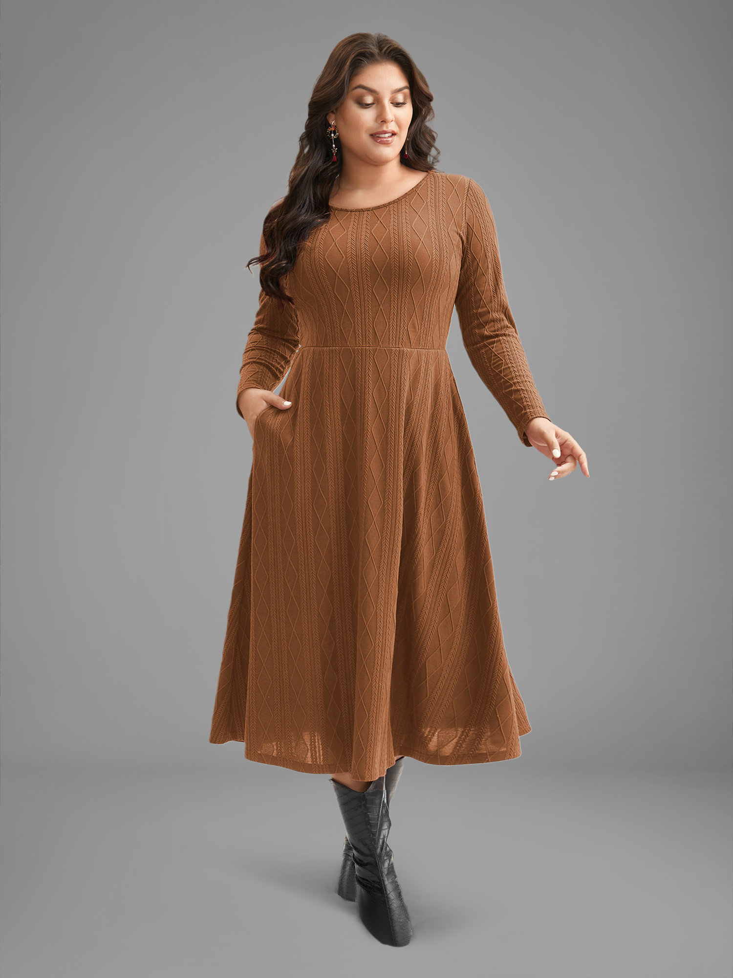 Plus Size Textured Knit Fit-And-Flare Midi Dress LightBrown Women Casual Texture Round Neck Long Sleeve Curvy BloomChic 30/6X 