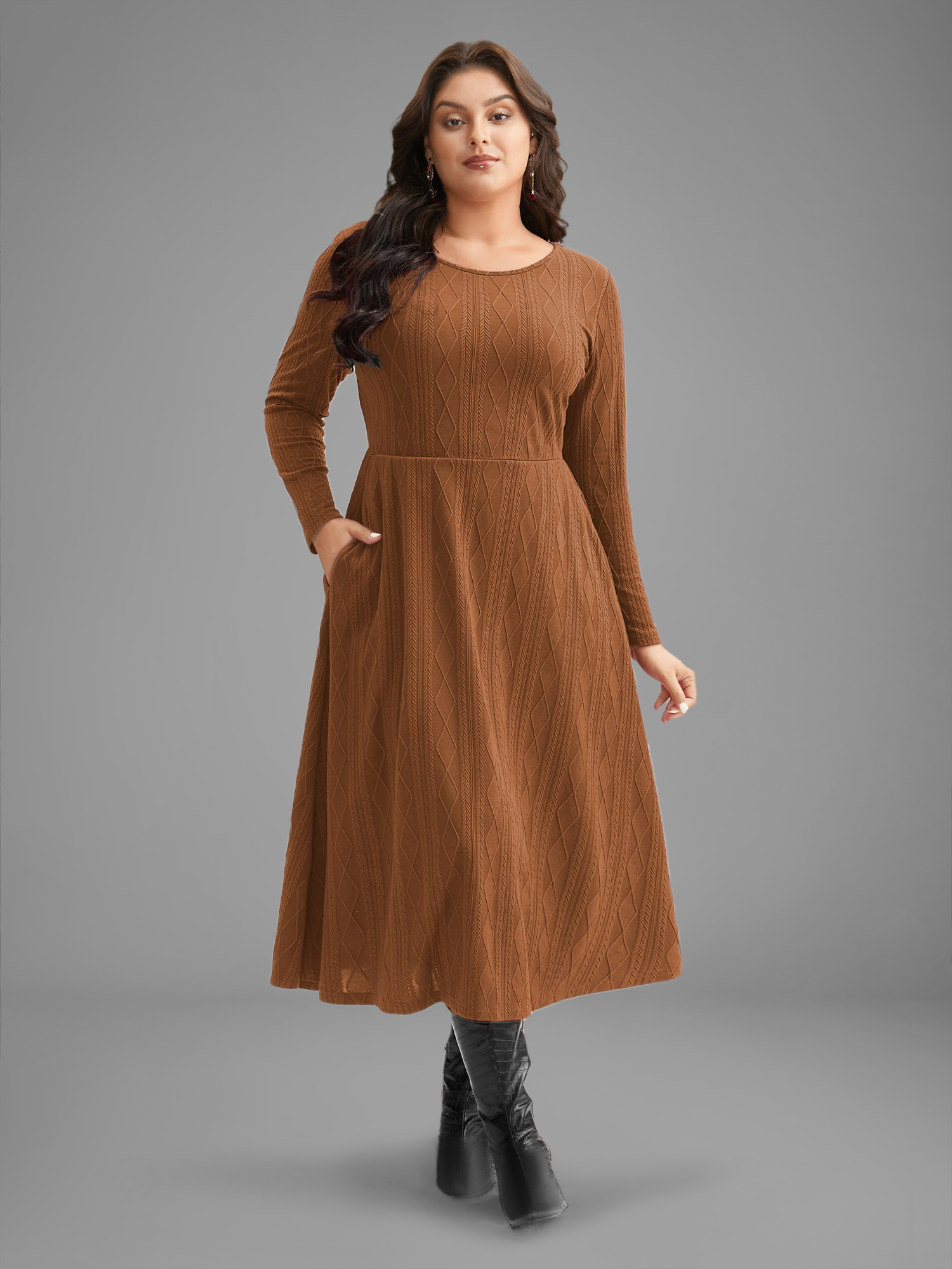 

Plus Size Textured Knit Fit-And-Flare Midi Dress LightBrown Women Casual Texture Round Neck Long Sleeve Curvy BloomChic