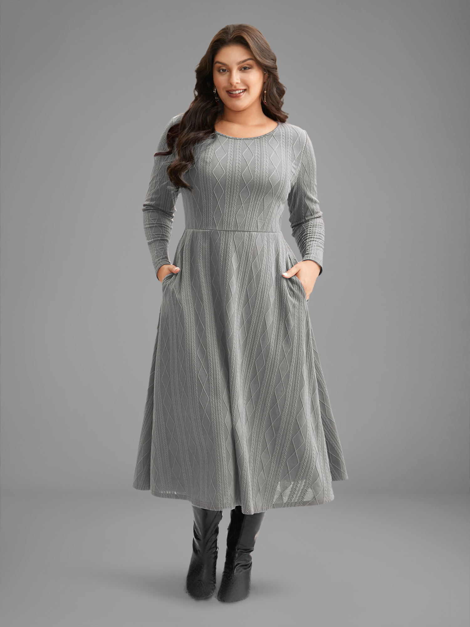 

Plus Size Textured Knit Fit-And-Flare Midi Dress Mediumgray Women Casual Texture Round Neck Long Sleeve Curvy BloomChic