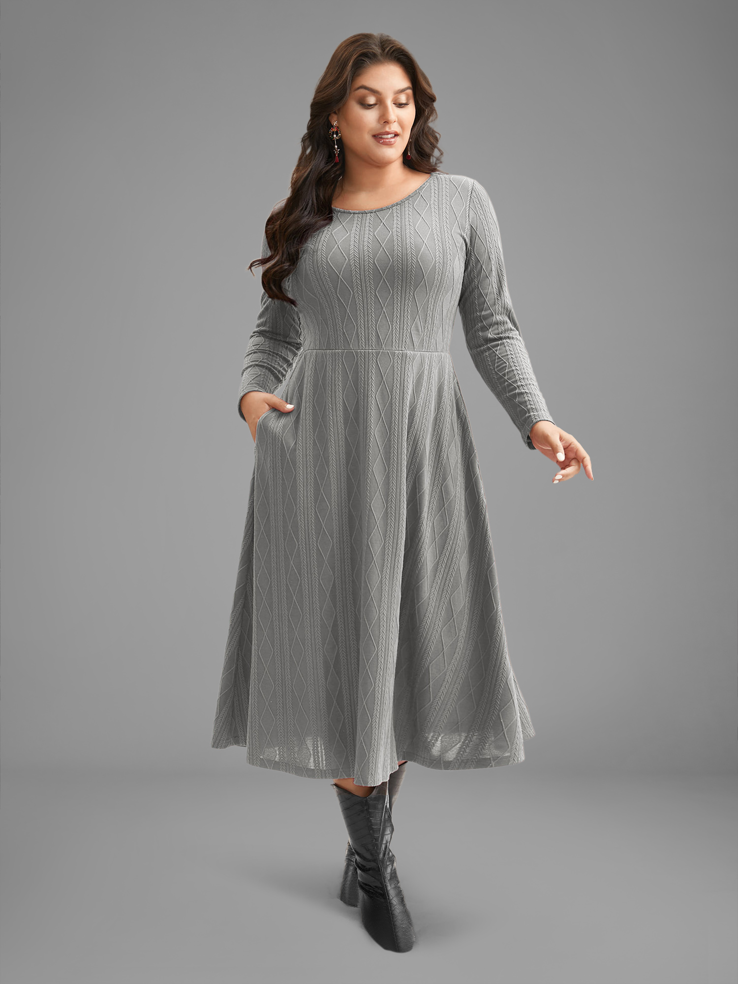 

Plus Size Textured Knit Fit-And-Flare Midi Dress Mediumgray Women Casual Texture Round Neck Long Sleeve Curvy BloomChic