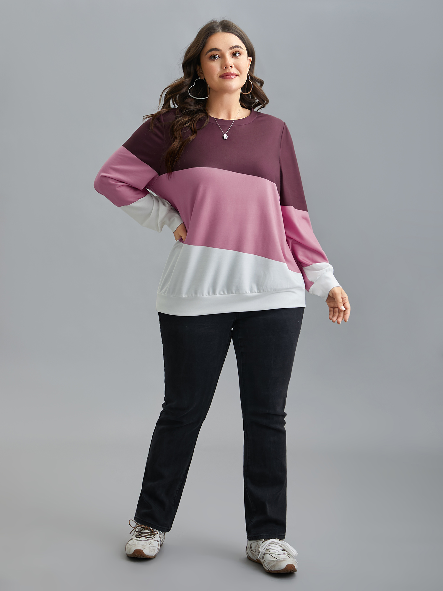 Plus Size Color Block Round Neck Sweatshirt Women Multicolor Casual Contrast V-neck Everyday Sweatshirts BloomChic 12/L 