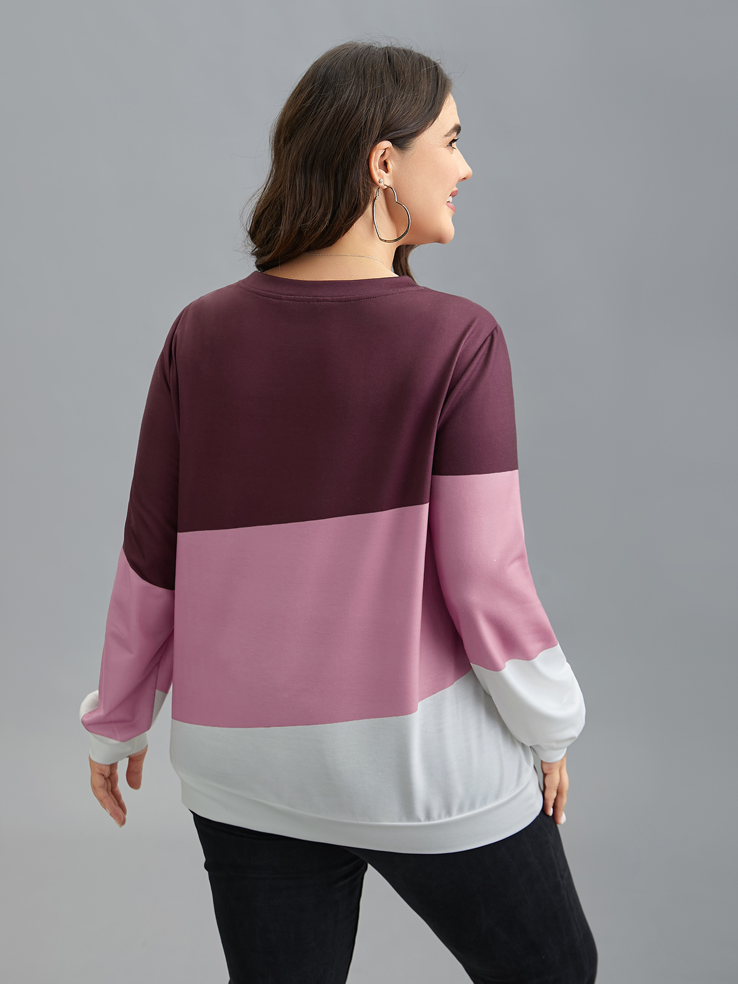 Plus Size Color Block Round Neck Sweatshirt Women Multicolor Casual Contrast V-neck Everyday Sweatshirts BloomChic 12/L 