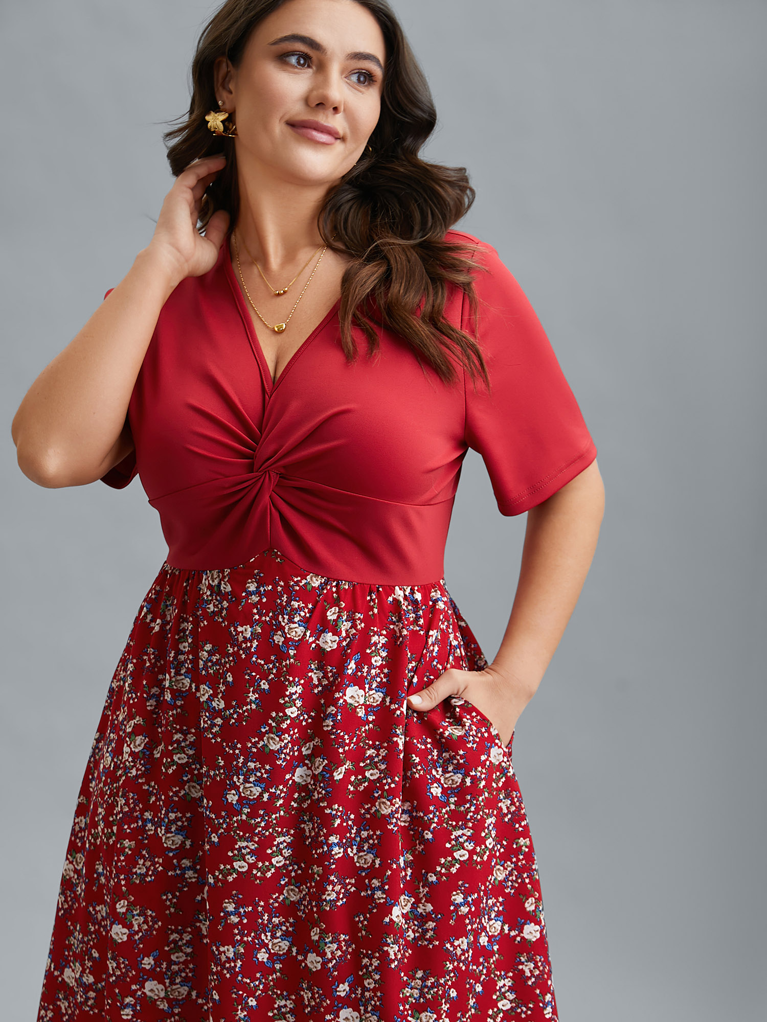 

Plus Size Twist-Front V-Neck Stretchy Waist Midi Dress Raspberry Women Elegant Twist V-neck Short sleeve Curvy BloomChic