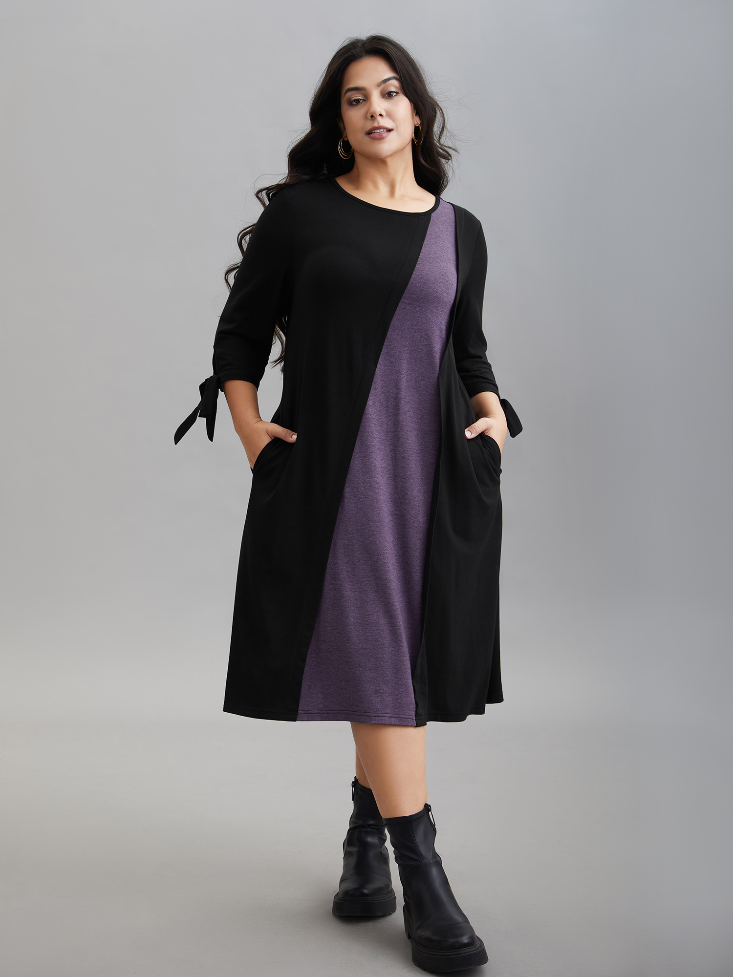 

Plus Size Color Block Tie-Knot Fitted Midi Dress Black Women Casual Tie knot Knit Dresses Bloomchic 14/M