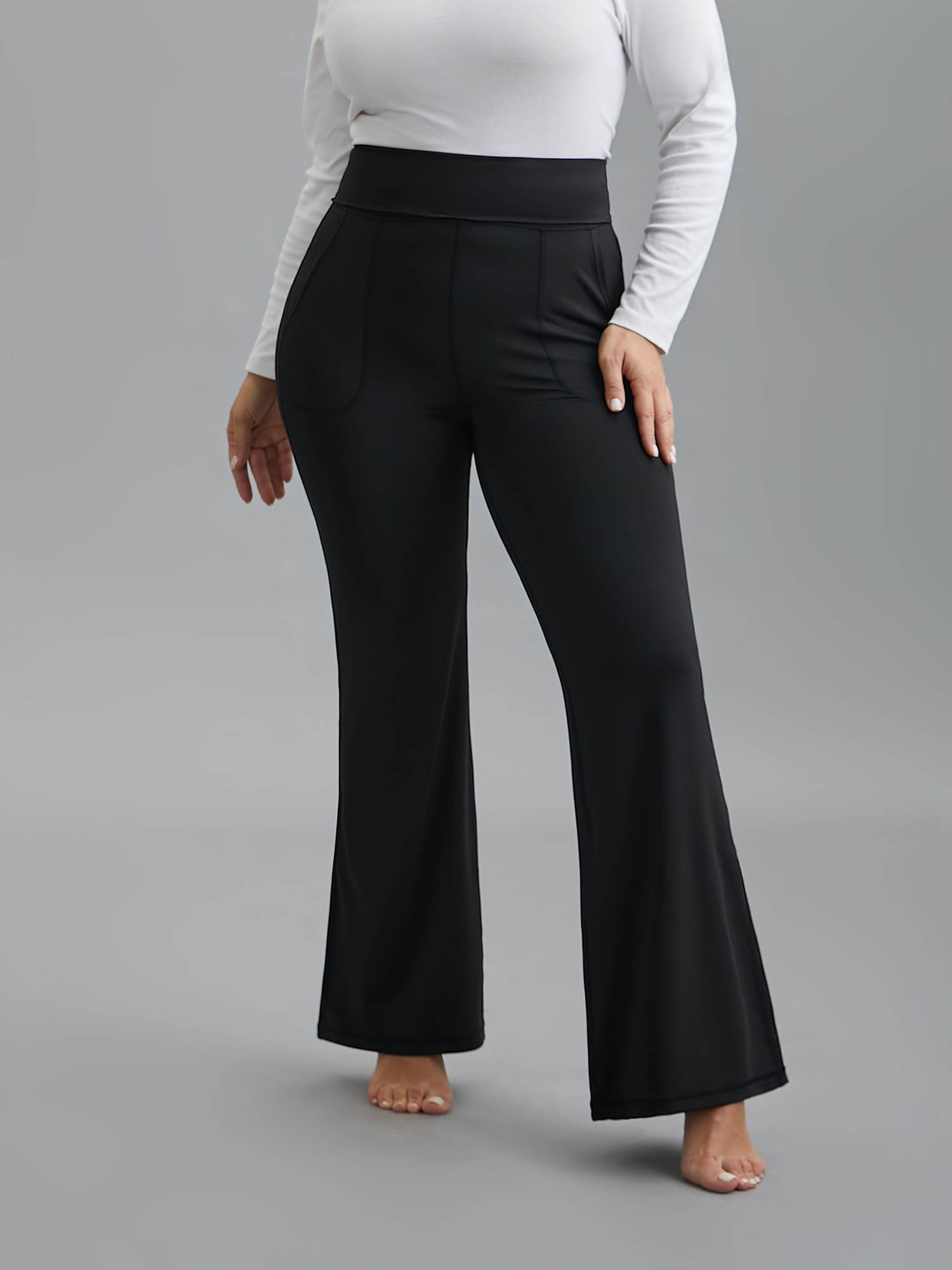 

Plus Size Ruched Wide Waist Pockets Tight Pants Women Black Elegant High stretch Bootcut Mid Rise Everyday Leggings BloomChic 16/L