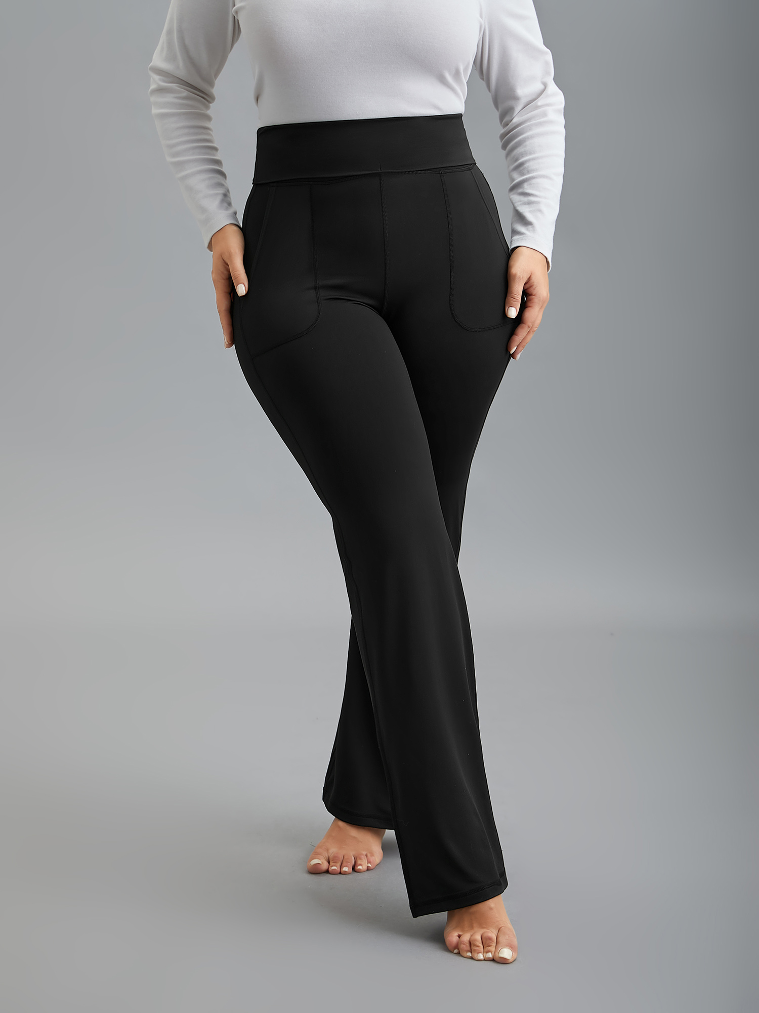 

Plus Size Ruched Wide Waist Pockets Tight Pants Women Black Elegant High stretch Bootcut Mid Rise Everyday Leggings BloomChic